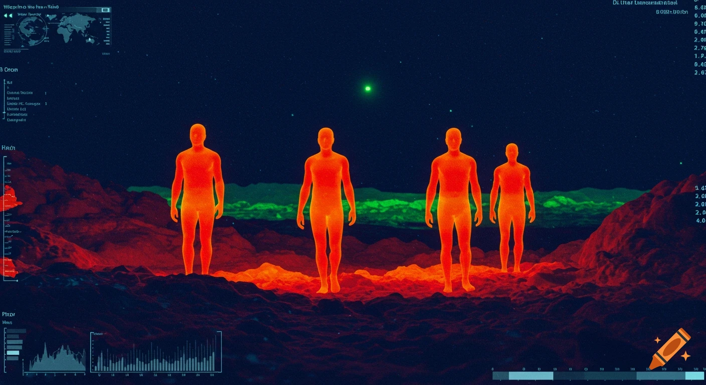 Four orange thermal figures standing on a red and green alien landscape under a dark, star-filled sky with futuristic digital data overlays.