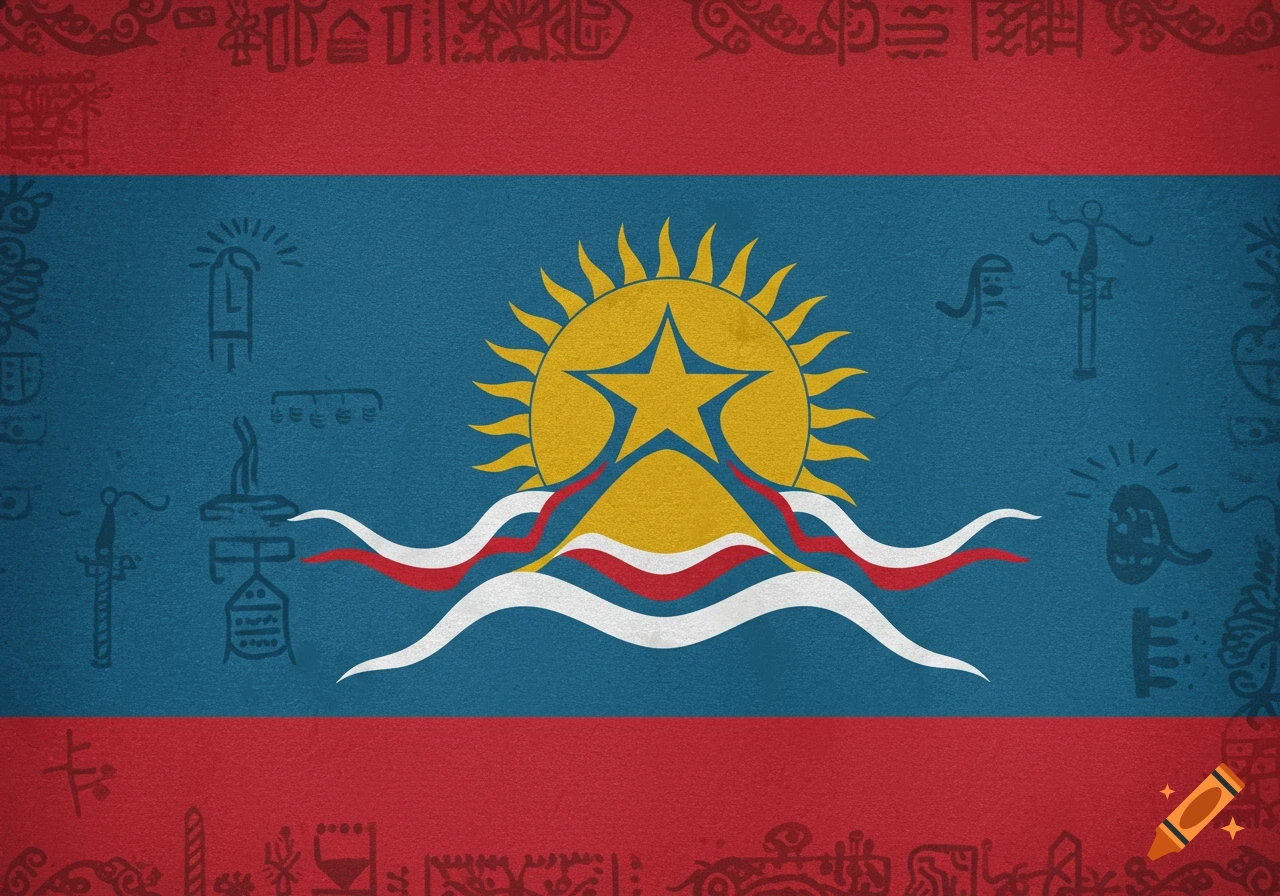 A stylized flag with a central blue stripe featuring a yellow sun and star, flanked by red stripes, adorned with ancient symbols.