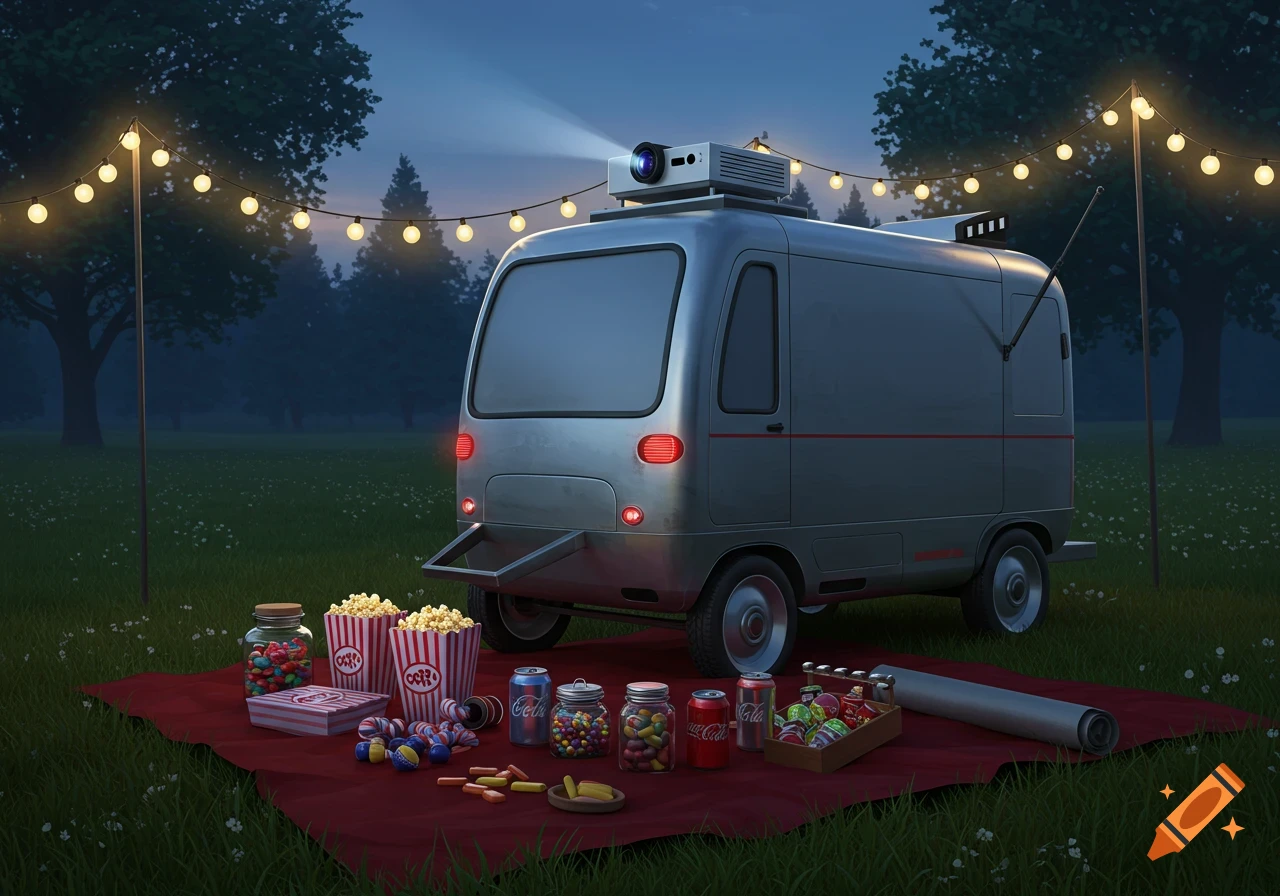 A stylized grey van with a projector on its roof and a rolled-up screen, surrounded by popcorn, candy, and soda cans on a red blanket in a grassy field at dusk, illuminated by string lights.