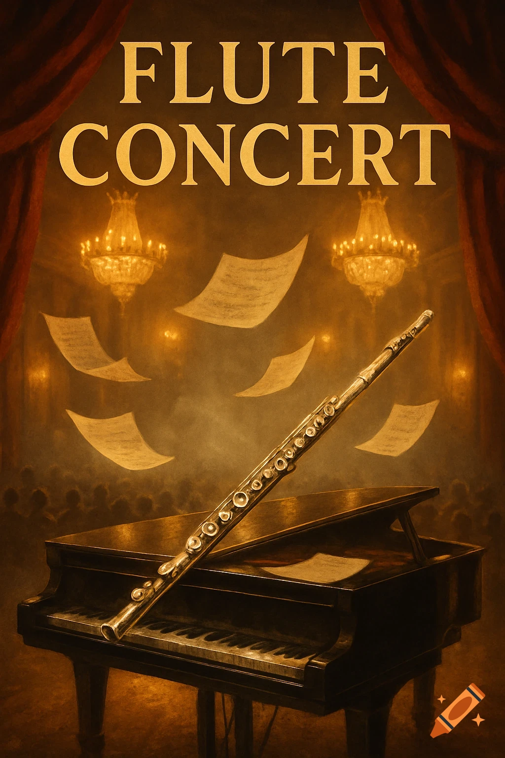 A golden flute rests on a grand piano on a dimly lit stage, with chandeliers and floating sheet music in the background. "FLUTE CONCERT" text is at the top.