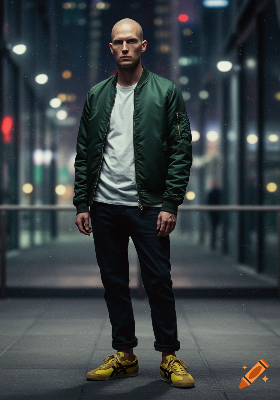 A bald Caucasian man in a dark green bomber jacket, white t-shirt, black jeans, and yellow and black sneakers stands in a city alley at night.