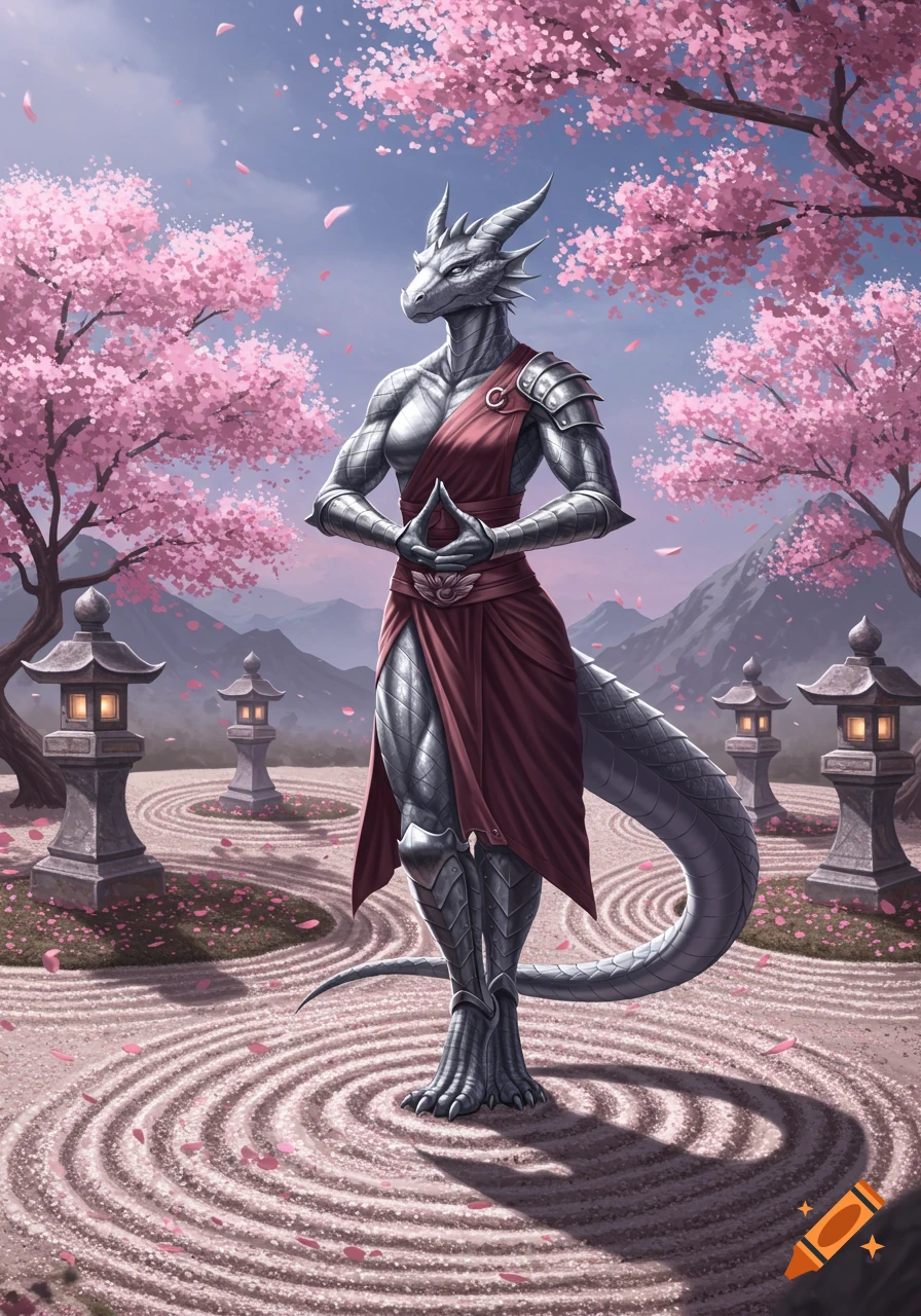 A silver dragonborn female monk meditates in a serene Japanese garden with pink cherry blossoms, stone lanterns, and raked sand.
