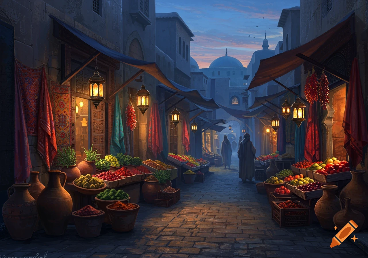 A vibrant, atmospheric night market scene with illuminated stalls selling produce and goods, set in a bustling Middle Eastern-style city.