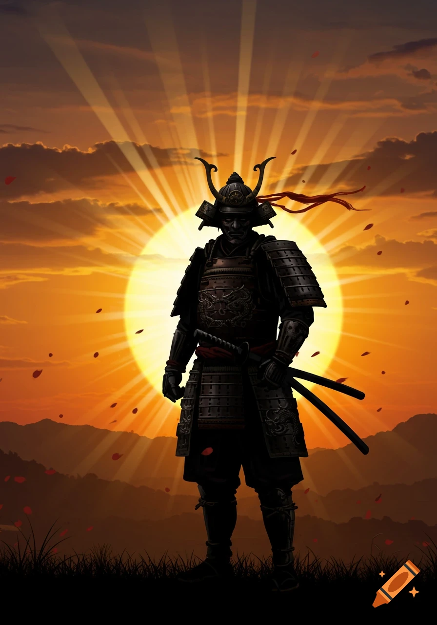 A stylized samurai in full armor, silhouetted against a vibrant orange sunset with sunrays, mountains, and falling petals.