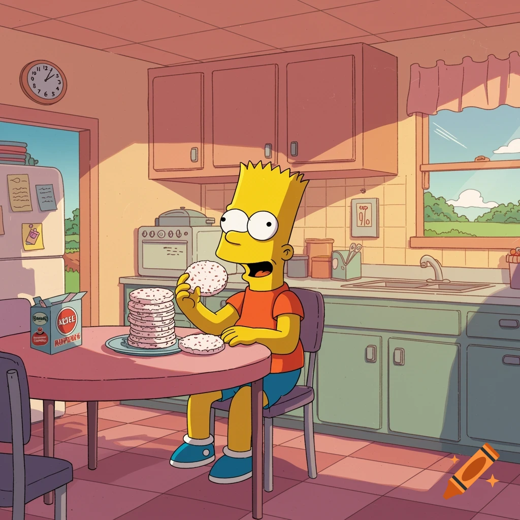 Bart Simpson in a cartoon style, sitting at a kitchen table, happily eating a stack of rice cakes for breakfast.