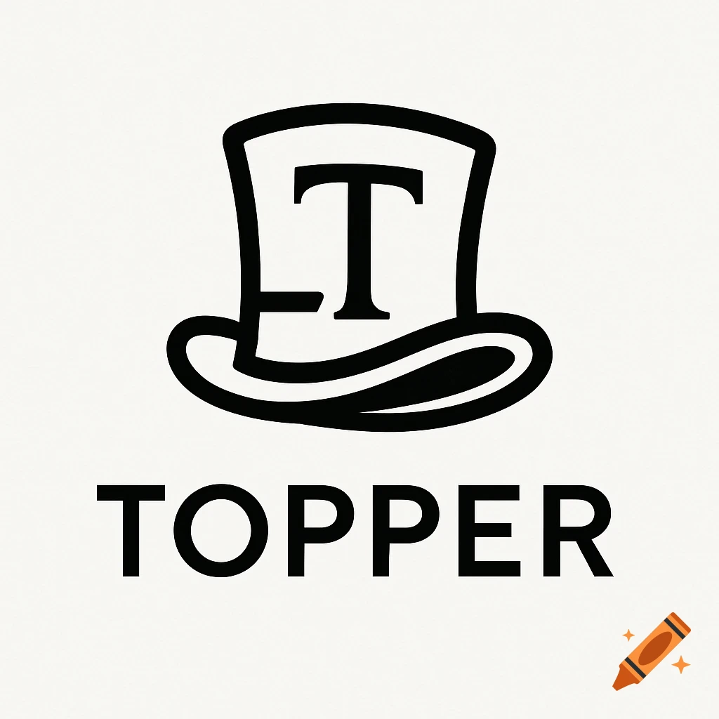 Black and white logo of a top hat with a capital 'T' inside, and the word 'TOPPER' below it on a white background.