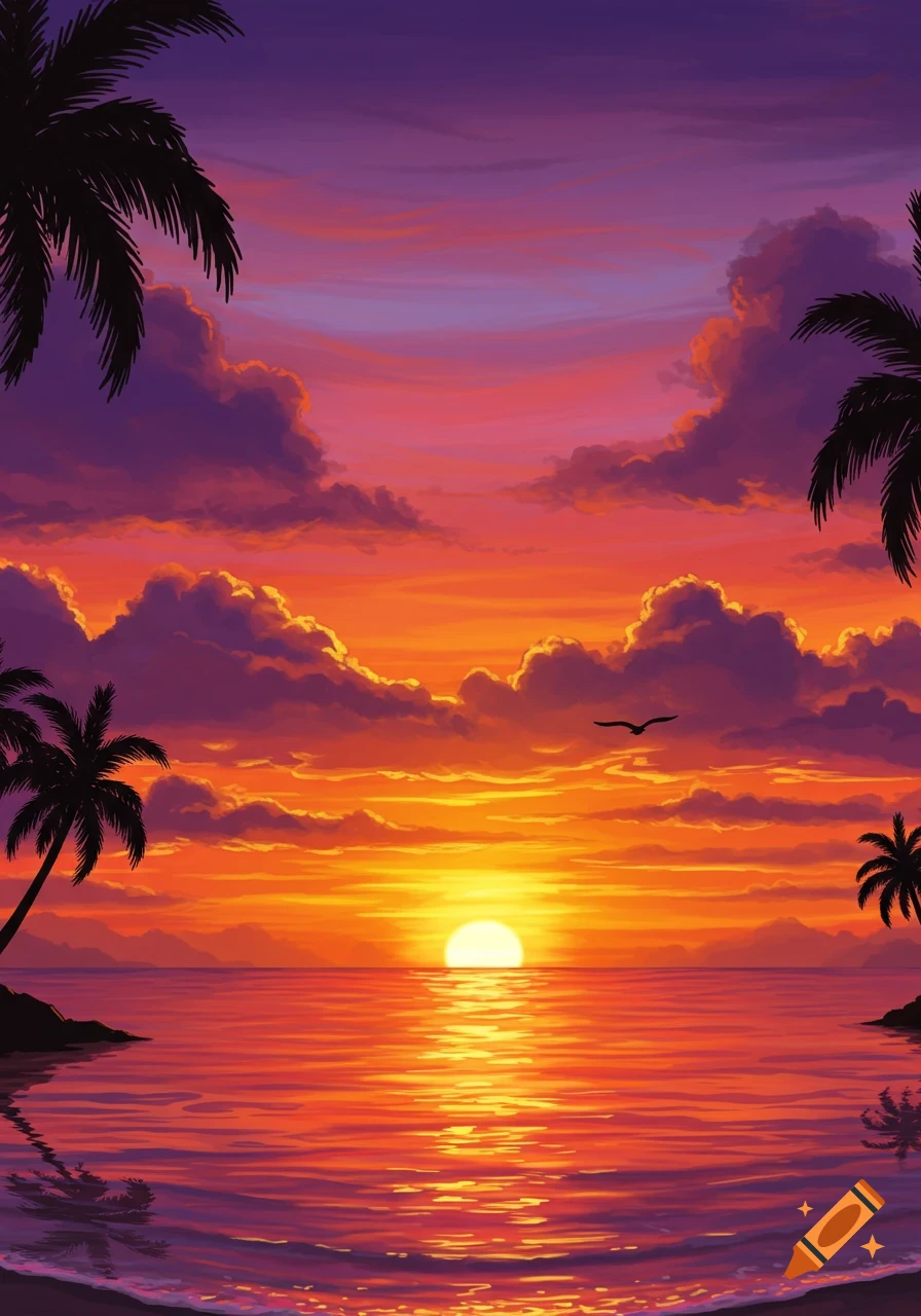 Vibrant, stylized painting of a tropical sunset over the ocean with silhouetted palm trees on the shore.