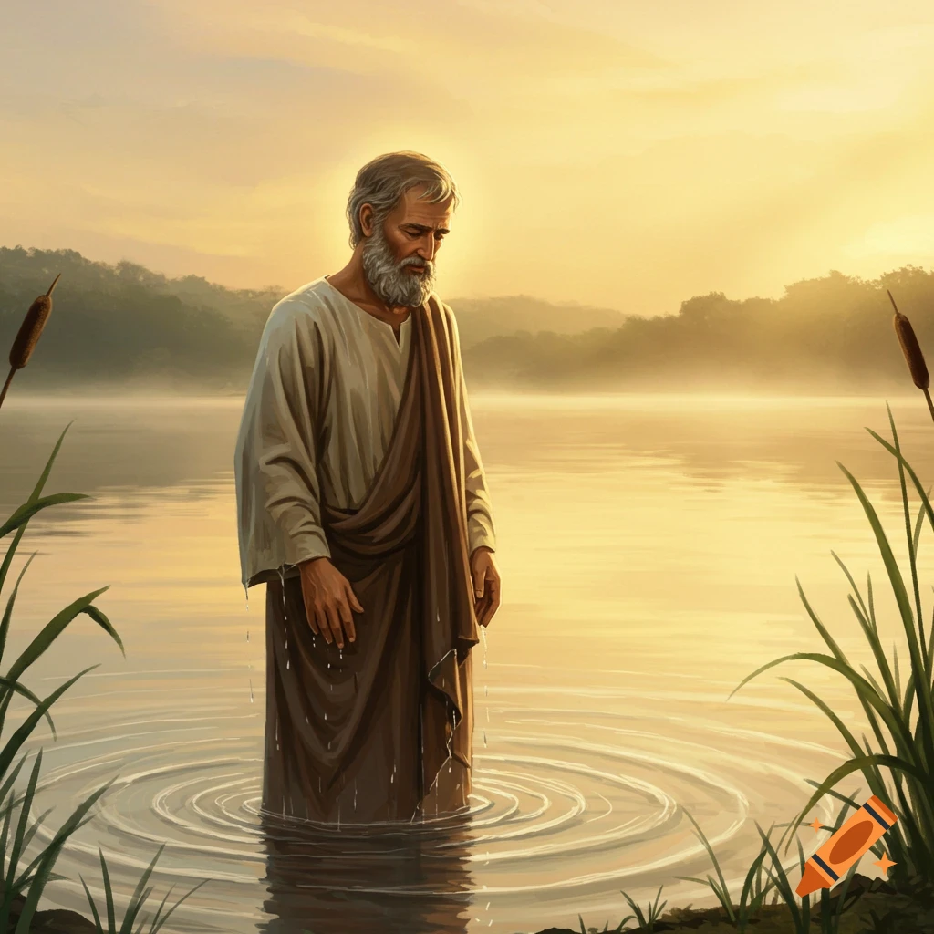 An old bearded man, resembling Peter, stands knee-deep in water at sunrise, wearing wet robes and looking down.