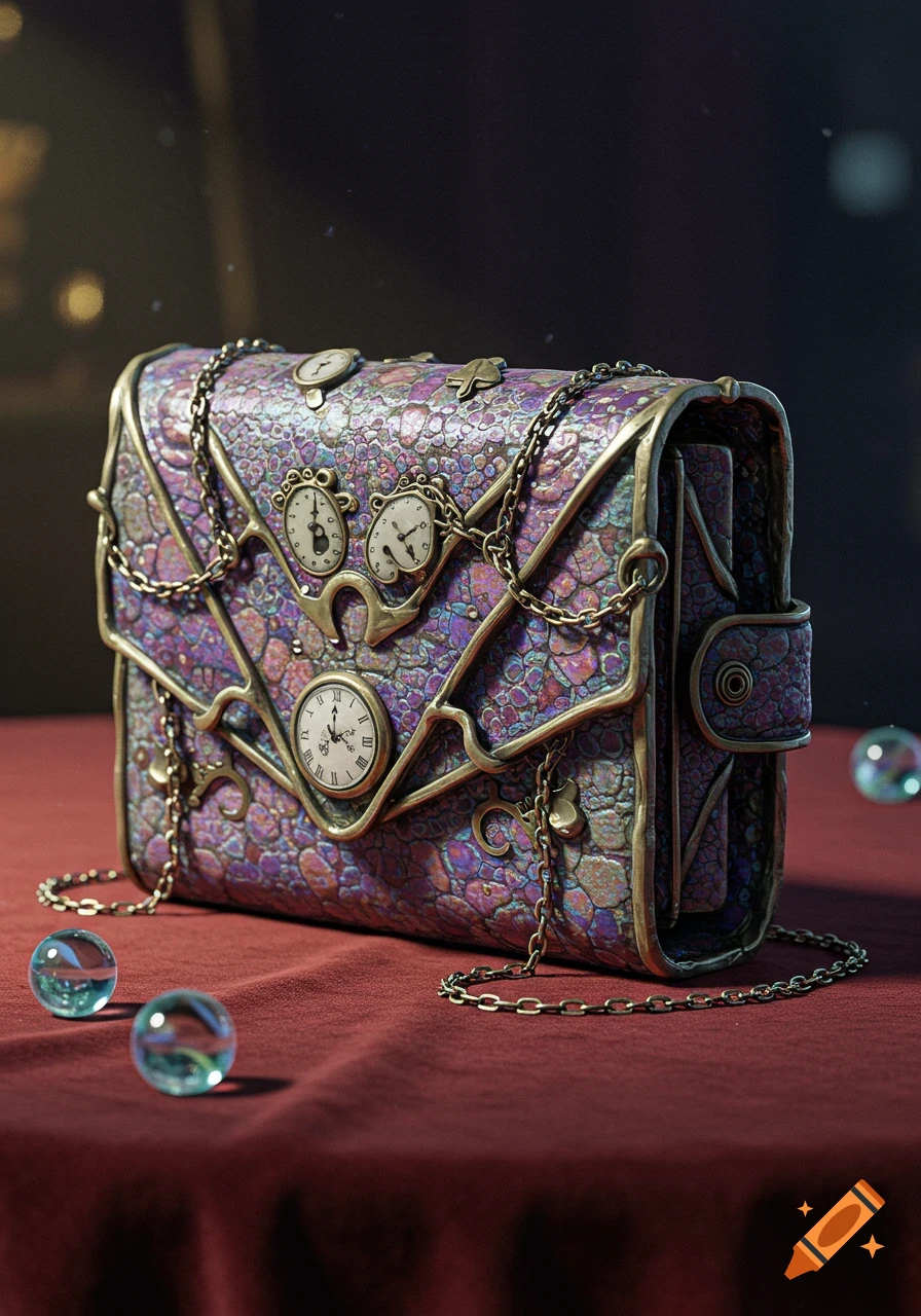 A highly detailed, iridescent purple and pink wallet in steampunk style, adorned with chains, gears, and clock faces, on a red cloth.
