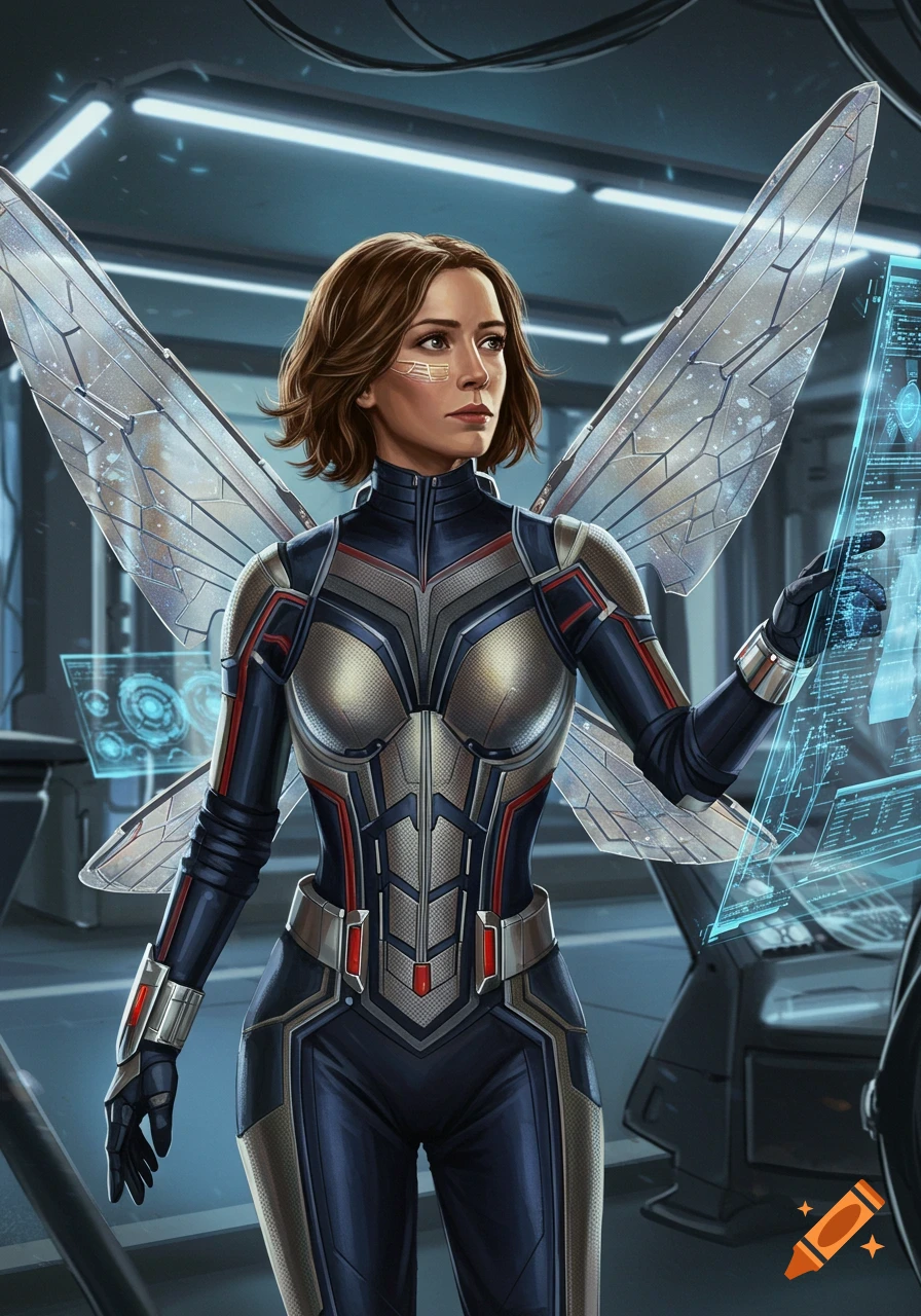 A woman in a blue, silver, and red superhero suit with transparent wings touches a glowing holographic screen in a futuristic setting.