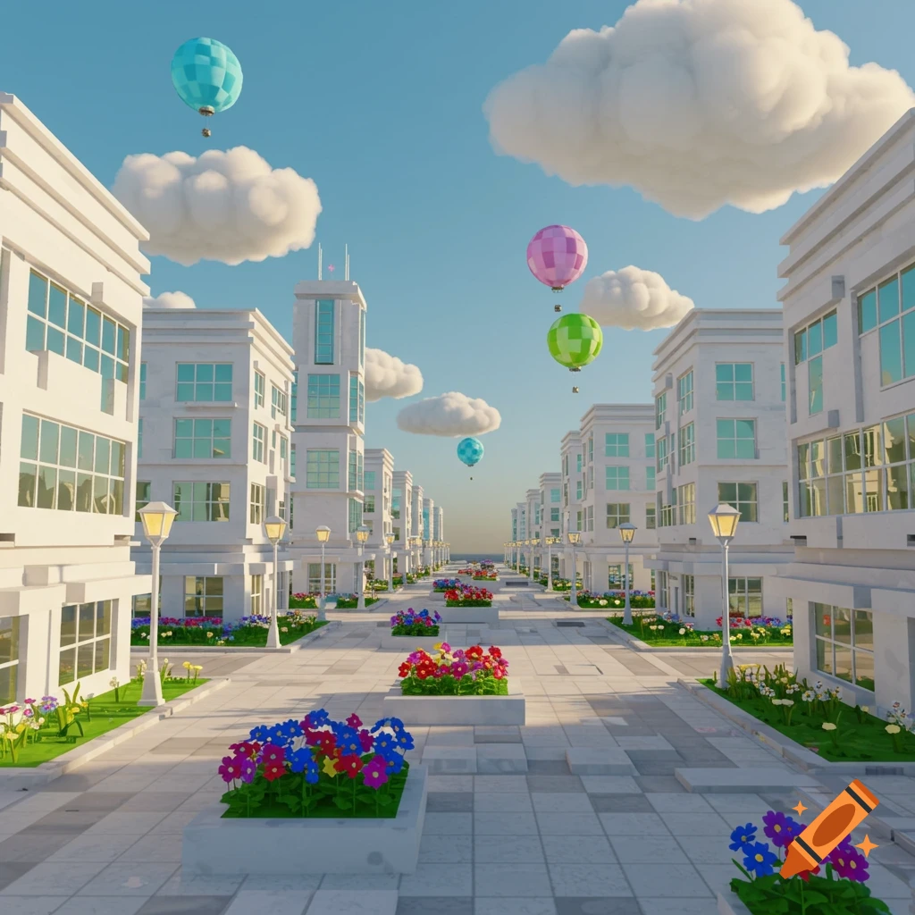 A stylized blocky city street with white buildings, light blue windows, colorful flower beds, and pastel hot air balloons under a blue sky.