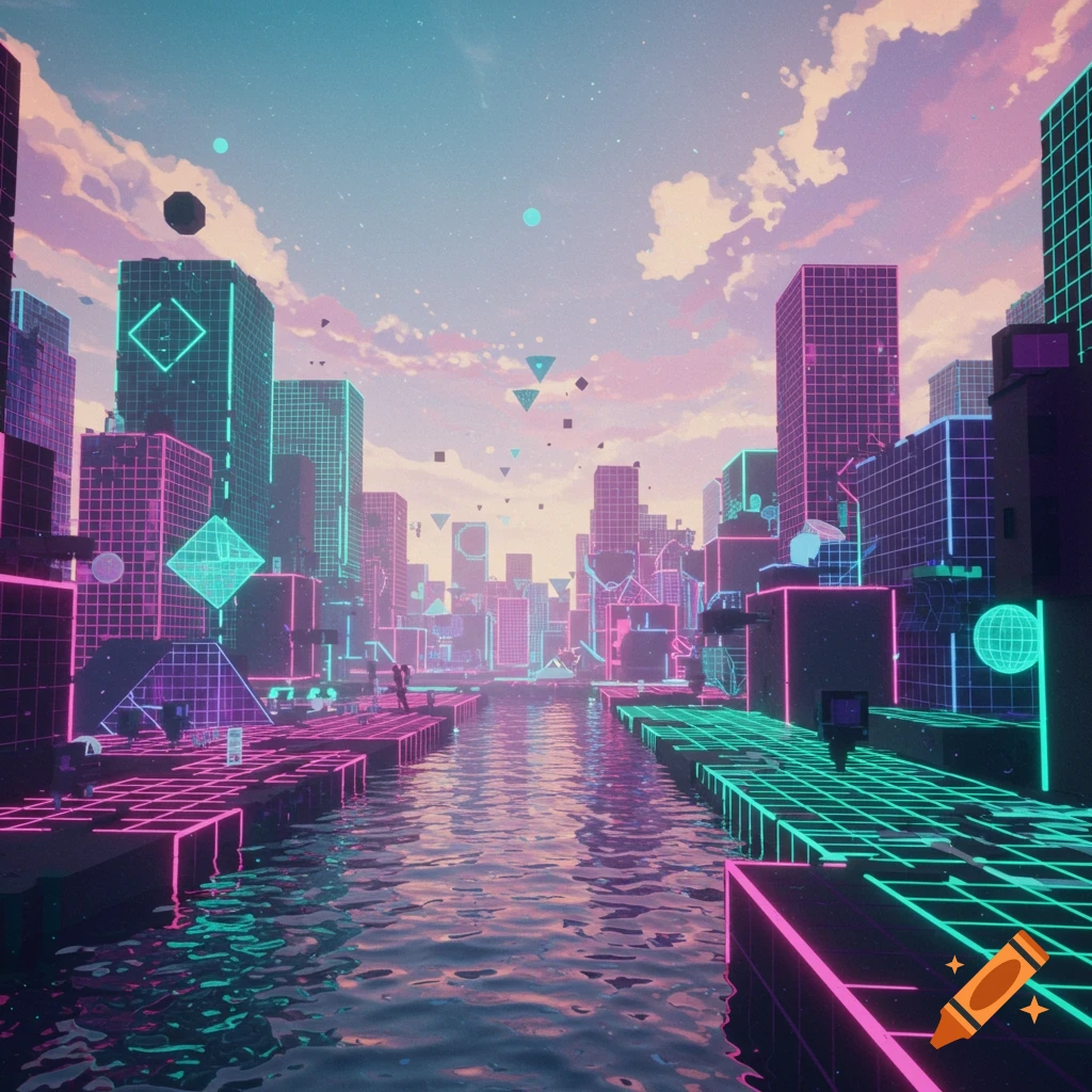 Vibrant neon synthwave cityscape with glowing pink and cyan buildings, geometric grids, and a reflective river under a pastel sky.
