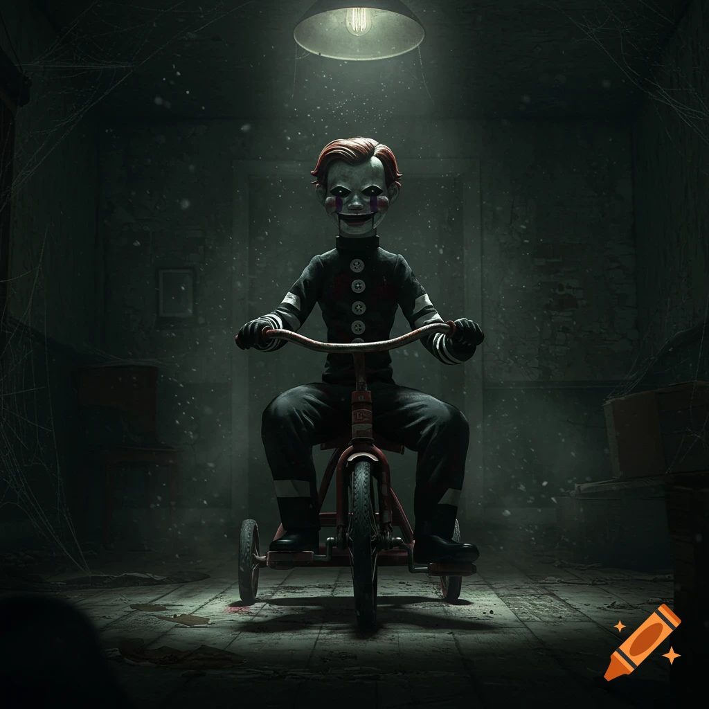 A creepy puppet with red hair and a painted face sits on a red tricycle in a dark, grimy, spiderweb-filled room.