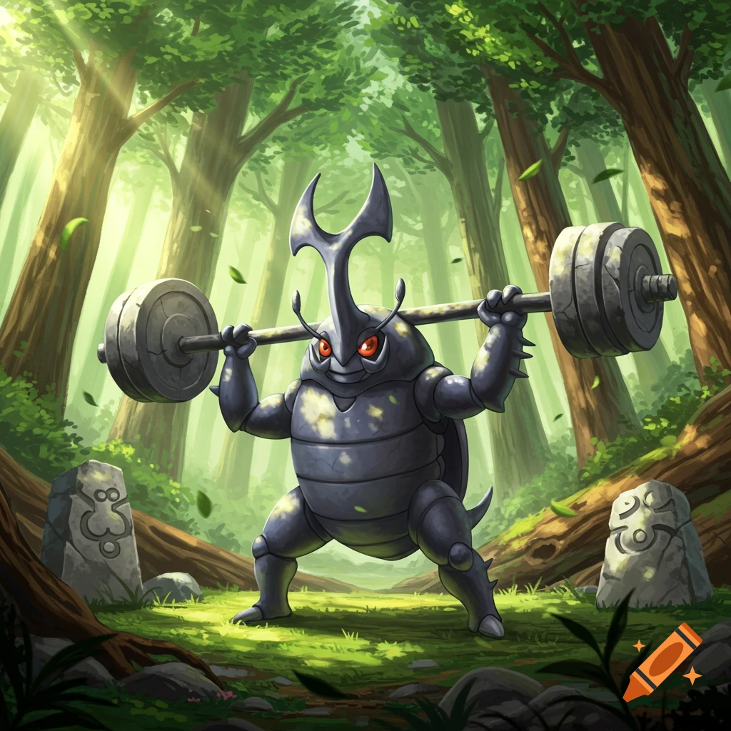 Heracross, a blue rhinoceros beetle Pokémon, lifts a heavy barbell over its head in a vibrant, sun-dappled forest.