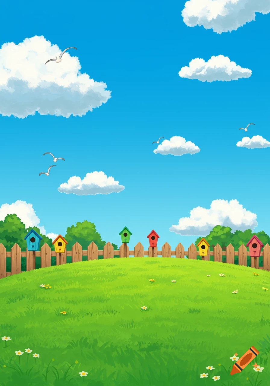 Vibrant cartoon landscape of a green grassy hill with a wooden fence, colorful birdhouses, and a blue sky with clouds and seagulls.