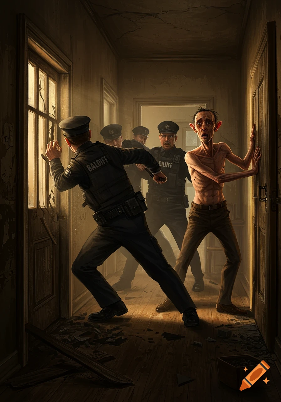 Bailiffs breaking down a door in a dark hallway, confronting a scared, skinny man with large ears. Illustrated.