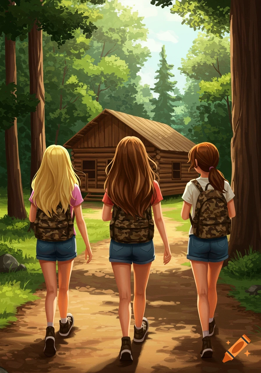 Three girls with camo backpacks walk on a forest path towards a cabin in an anime art style.