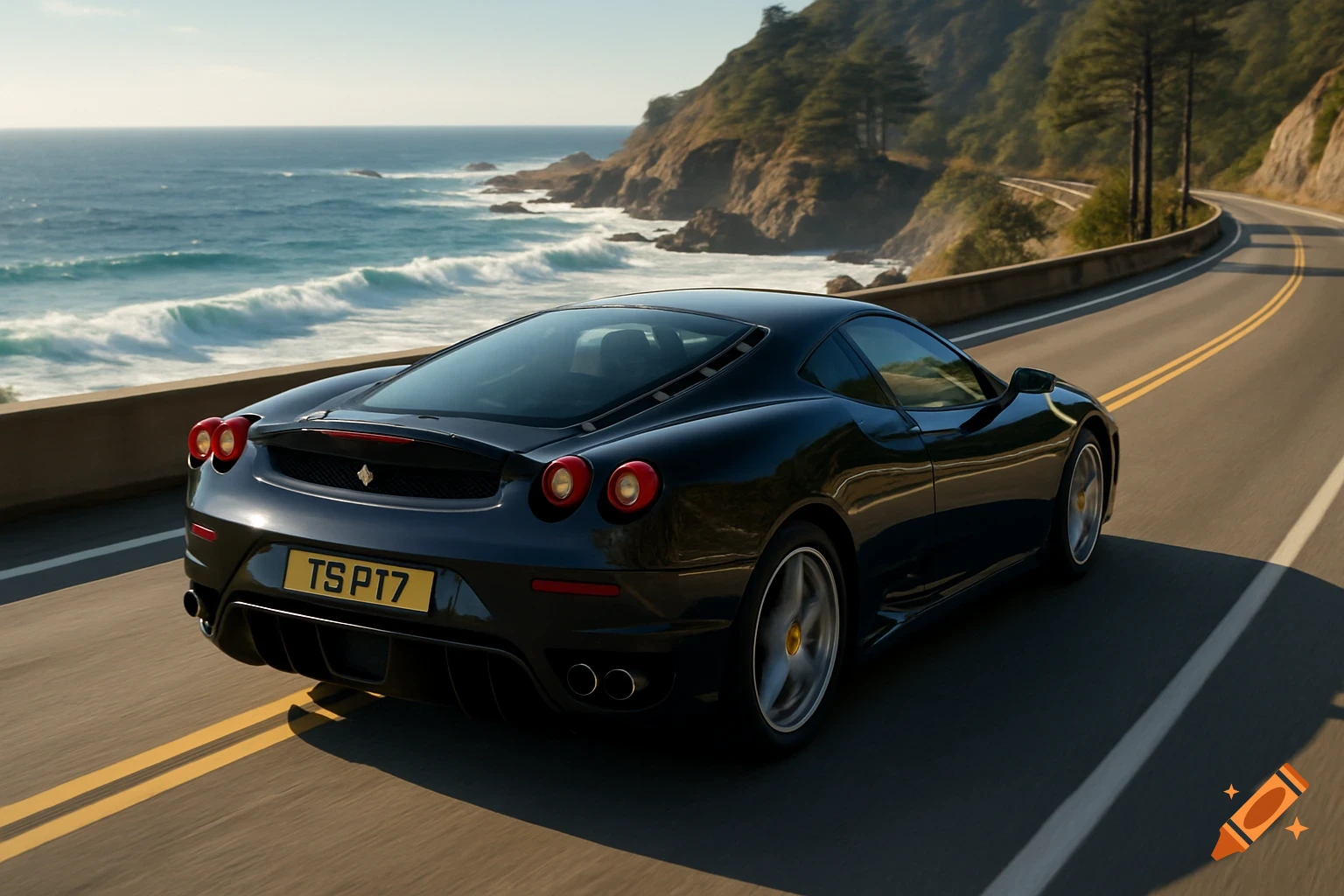 A black Ferrari F430 drives along a winding coastal road with the ocean and mountains in the background.