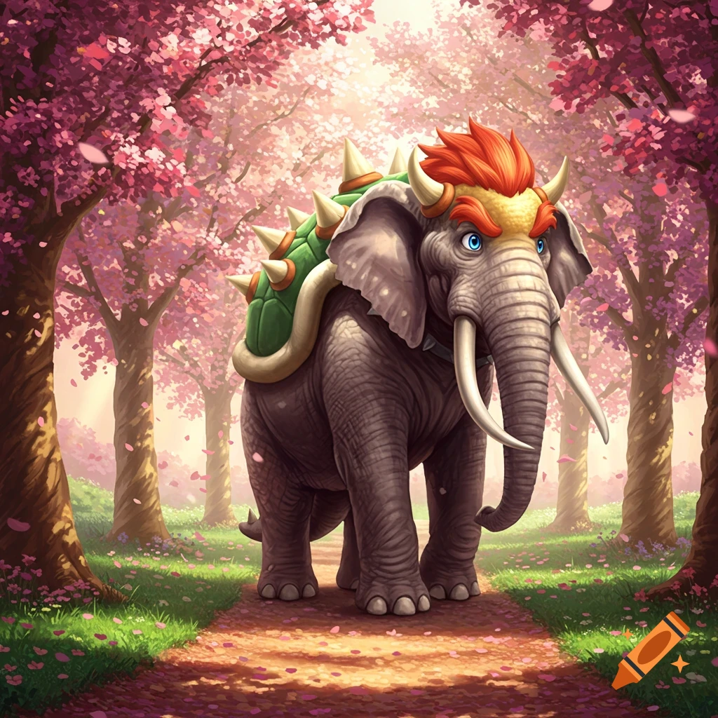A fantasy illustration of an elephant adorned with Bowser's shell, horns, and red hair, standing in a cherry blossom forest.
