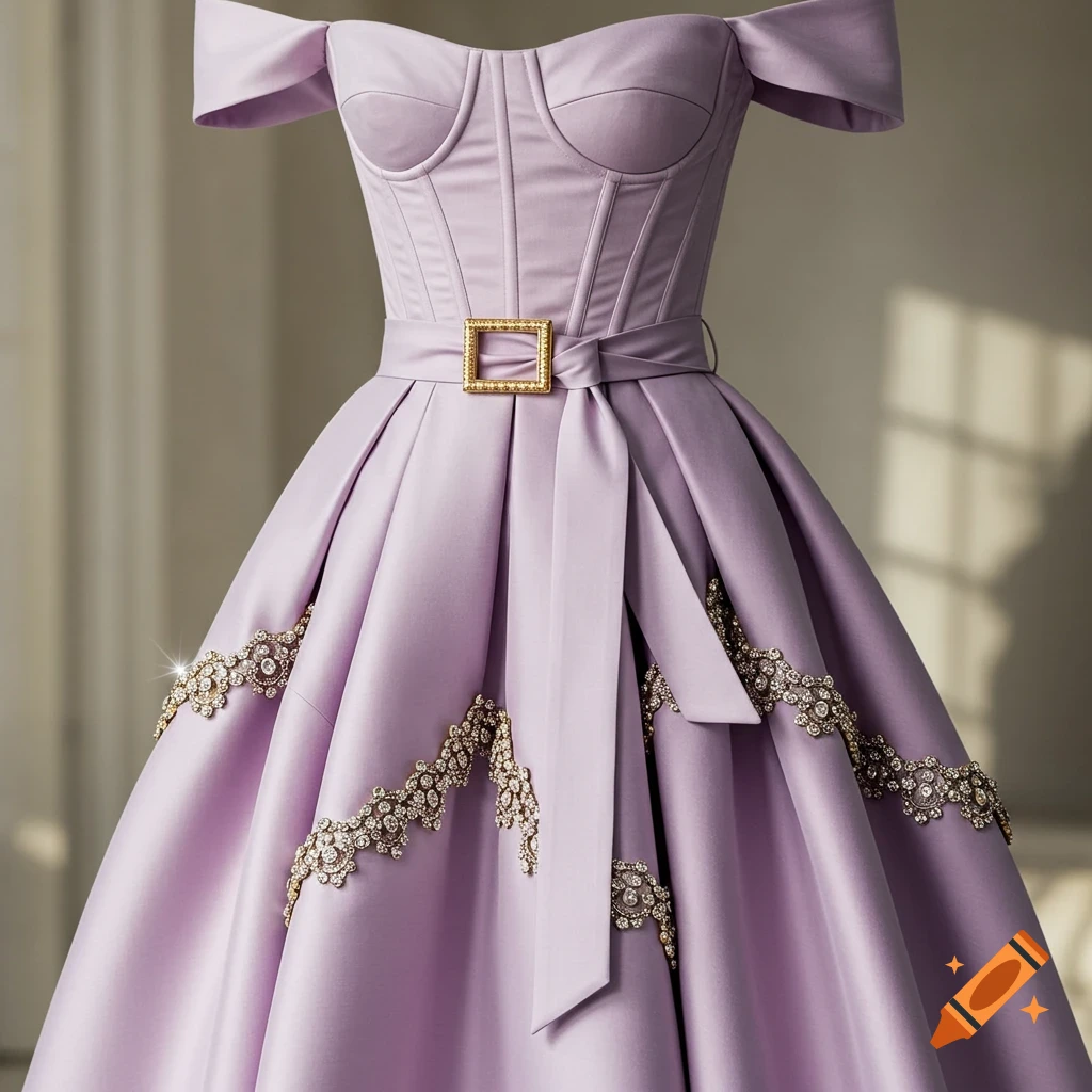 Lilac off-the-shoulder gown with a corset bodice, golden buckle belt, and sparkling crystal embellishments on the full skirt.
