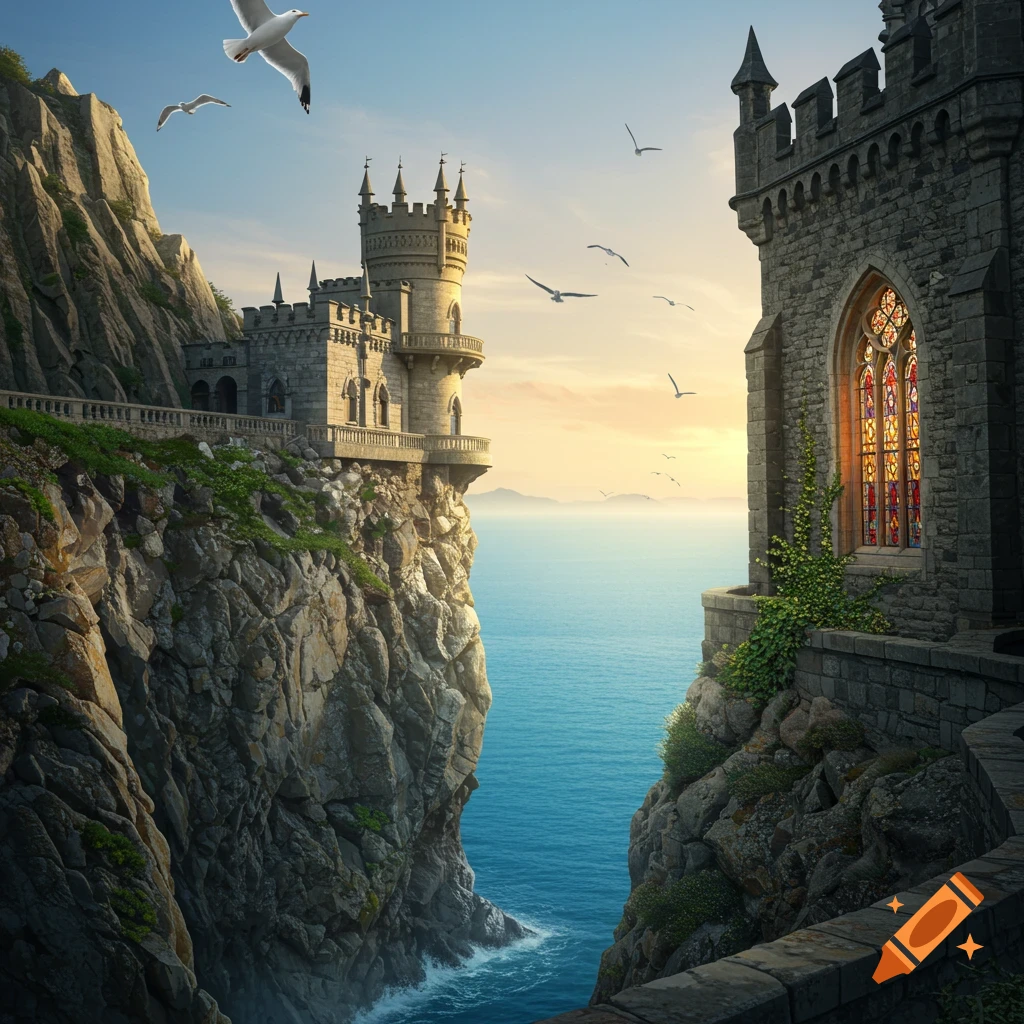 Photorealistic castle perched dramatically on a towering cliff overlooking a vast blue sea at sunset, with seagulls flying.