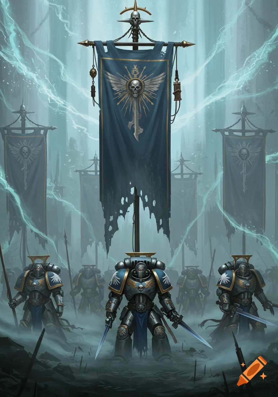 Armored Grey Knight warriors stand in a misty, grim landscape under tattered banners with skull and winged sword emblems.