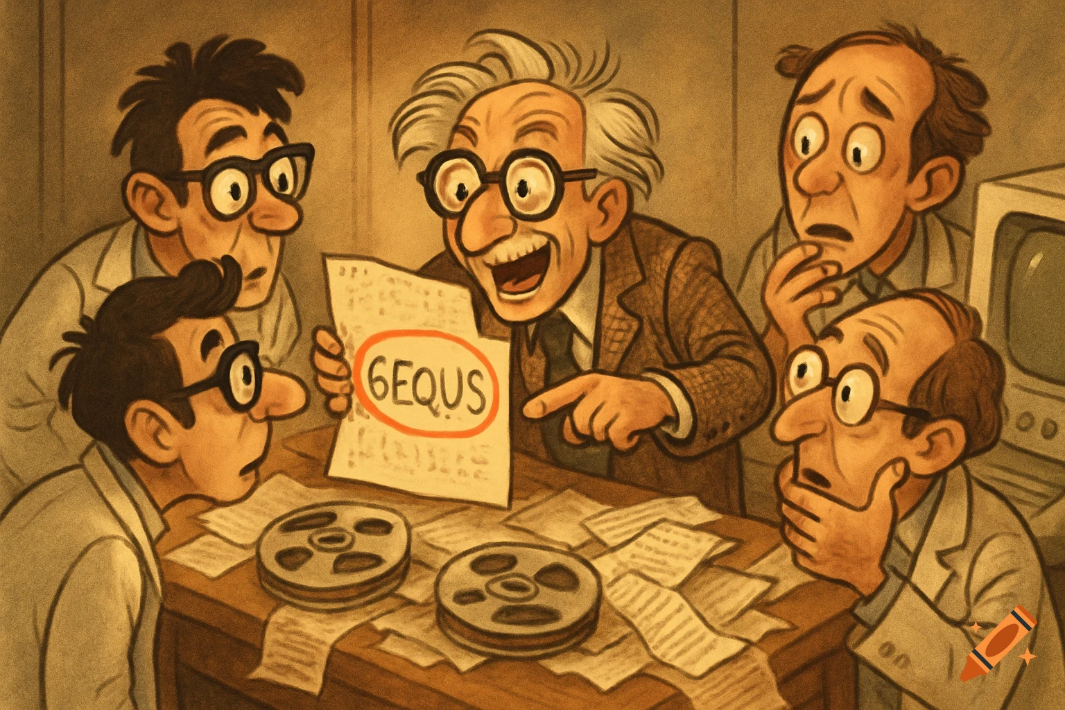 A group of vintage-style cartoon scientists examine a paper, one pointing at '6EQUJS' circled in red on a cluttered desk with tape reels.