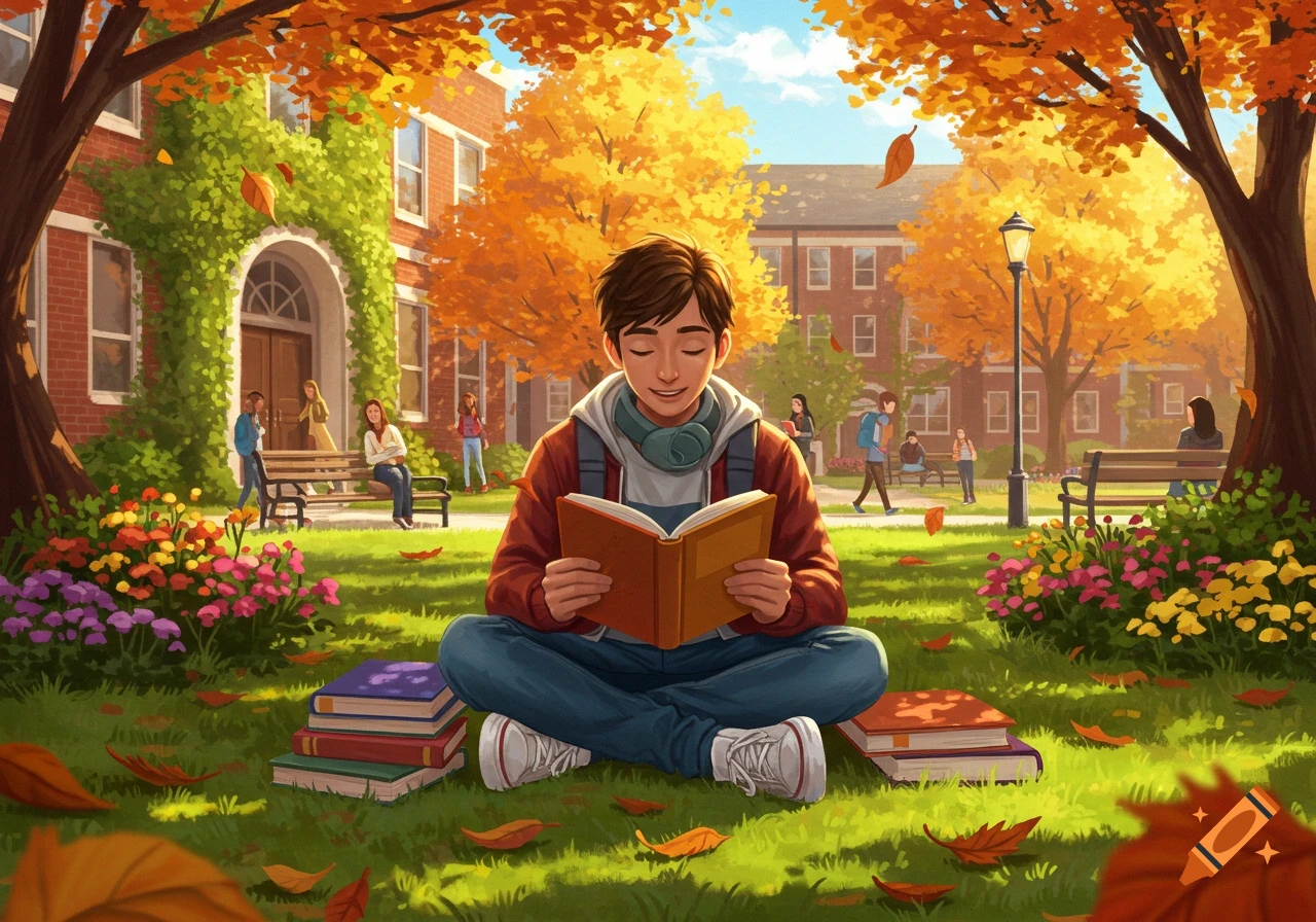 An illustration of a boy sitting on a college campus lawn in autumn, reading a book with fall foliage and buildings in the background.