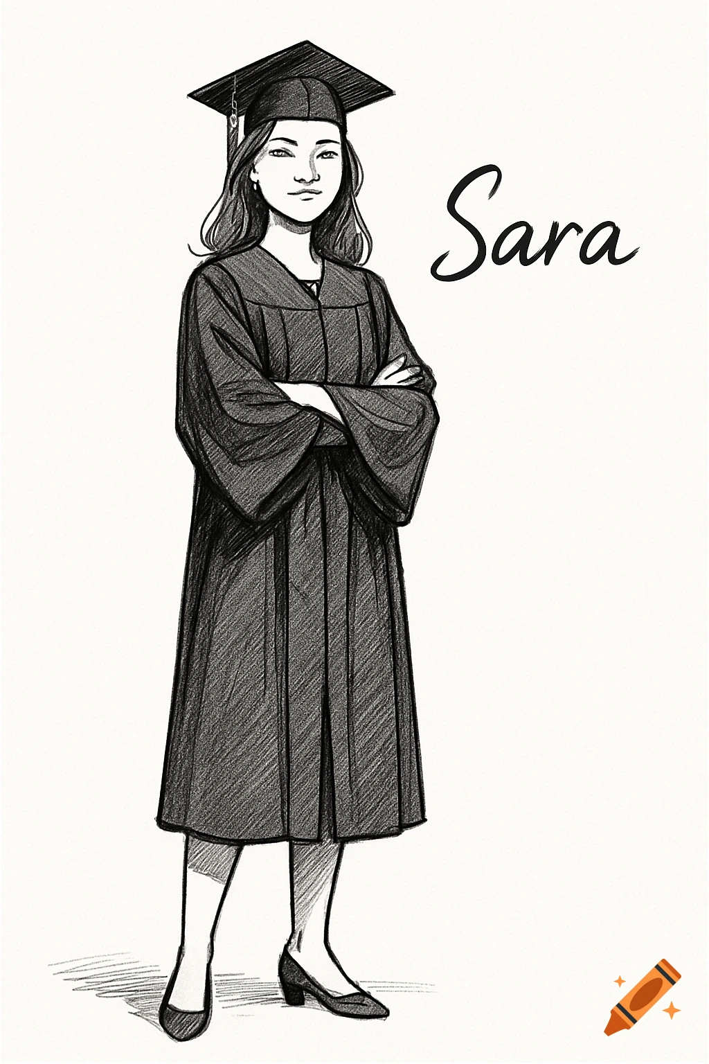 Sketch of a young woman in a black graduation cap and gown, with the name 'Sara' in script beside her.