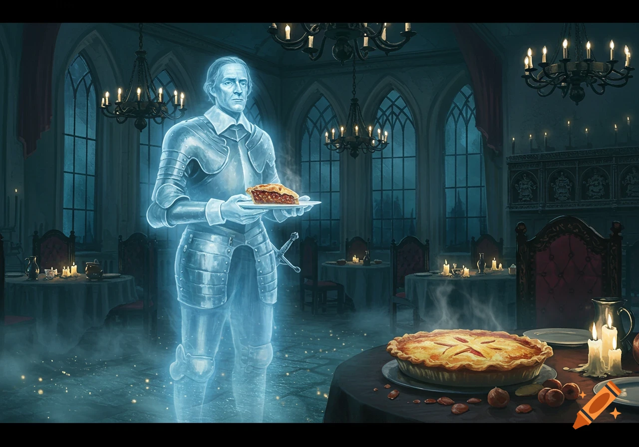 A glowing blue ghost in full armor holds a slice of pie in a dimly lit, candlelit grand hall with a whole pie on a table.