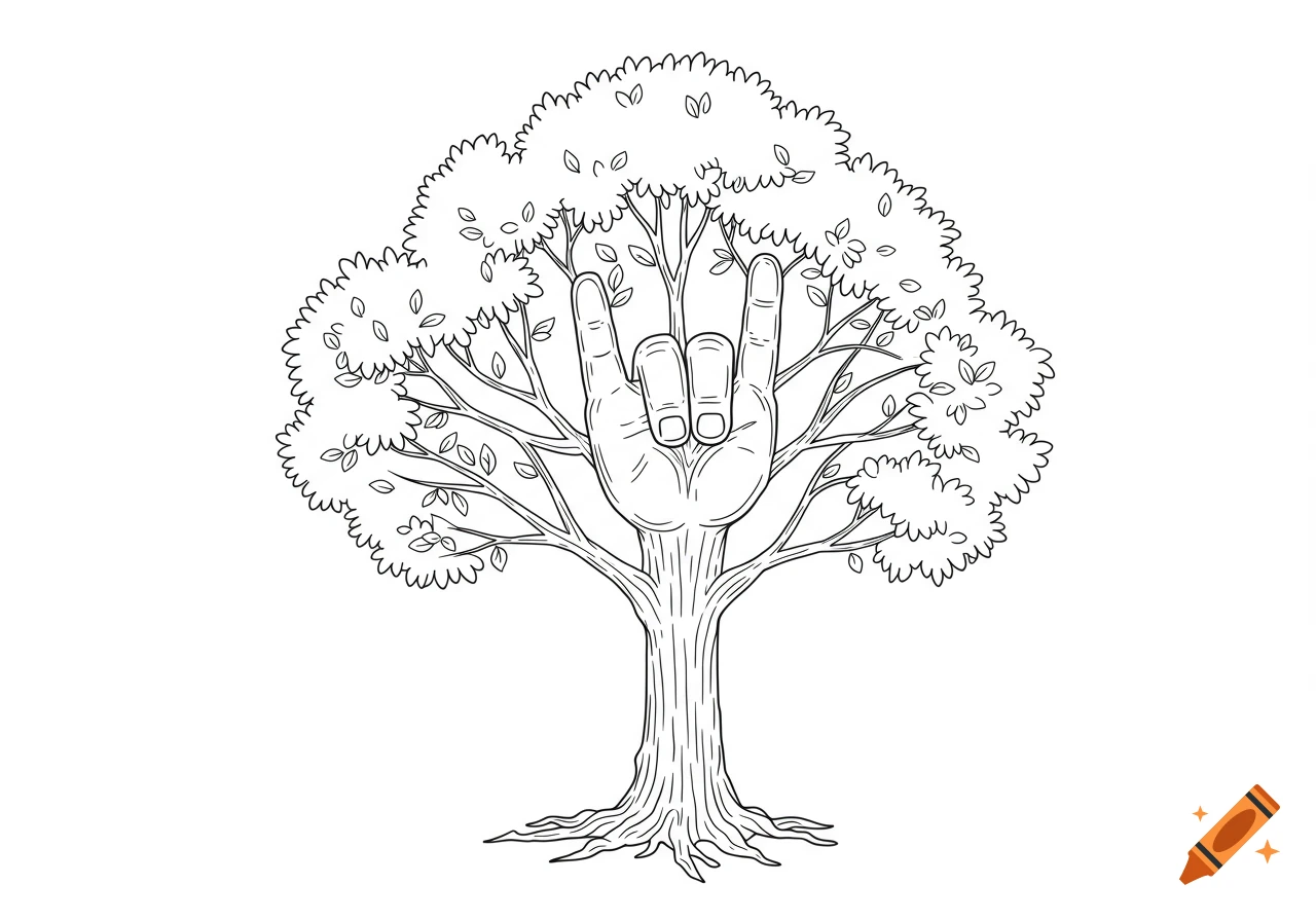 Black and white line art illustration of a tree with branches and leaves forming the ASL 'I Love You' hand sign.