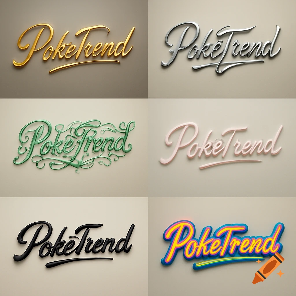 Six different stylized 3D renderings of the word 'PokeTrend' in various colors and fonts on a light background.