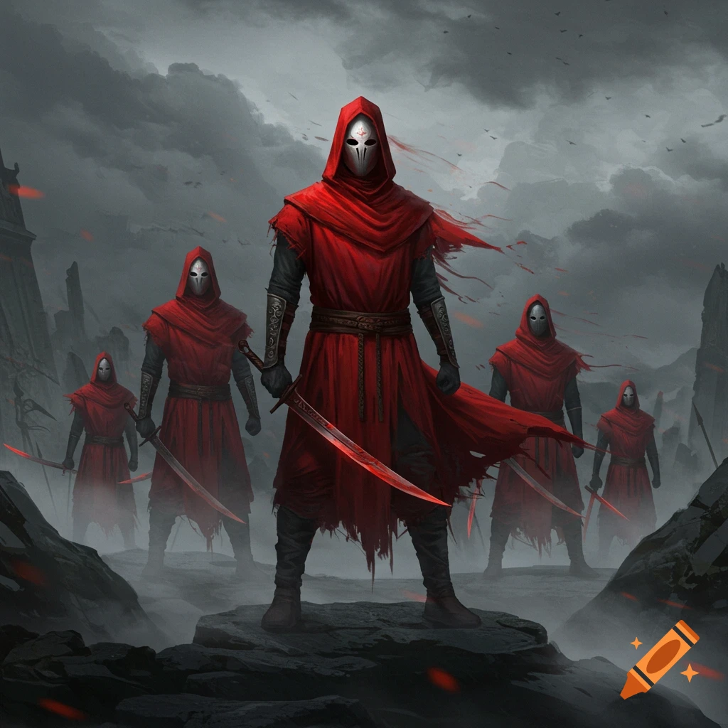 Five masked warriors in tattered red cloaks wield glowing red swords on a rocky, desolate landscape under a stormy sky.