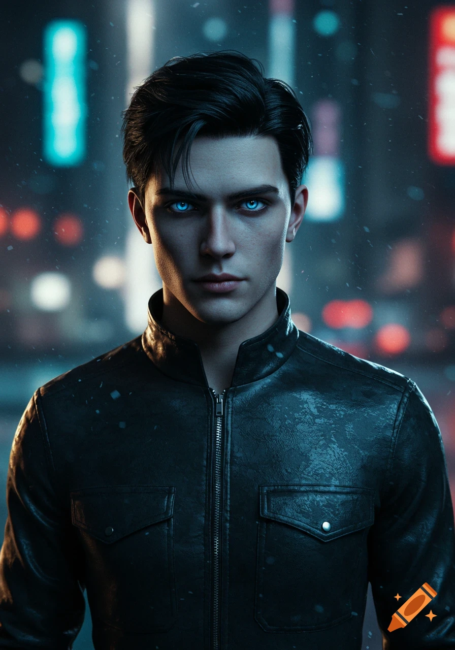 Photorealistic portrait of a young man with glowing blue eyes and a black leather jacket against a rainy, neon-lit city background.