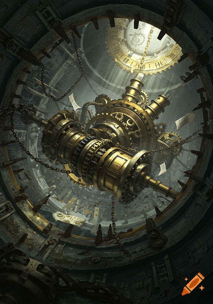Intricate steampunk machinery with gears, chains, and a large clock face, bathed in ethereal light within a dark, cylindrical structure.