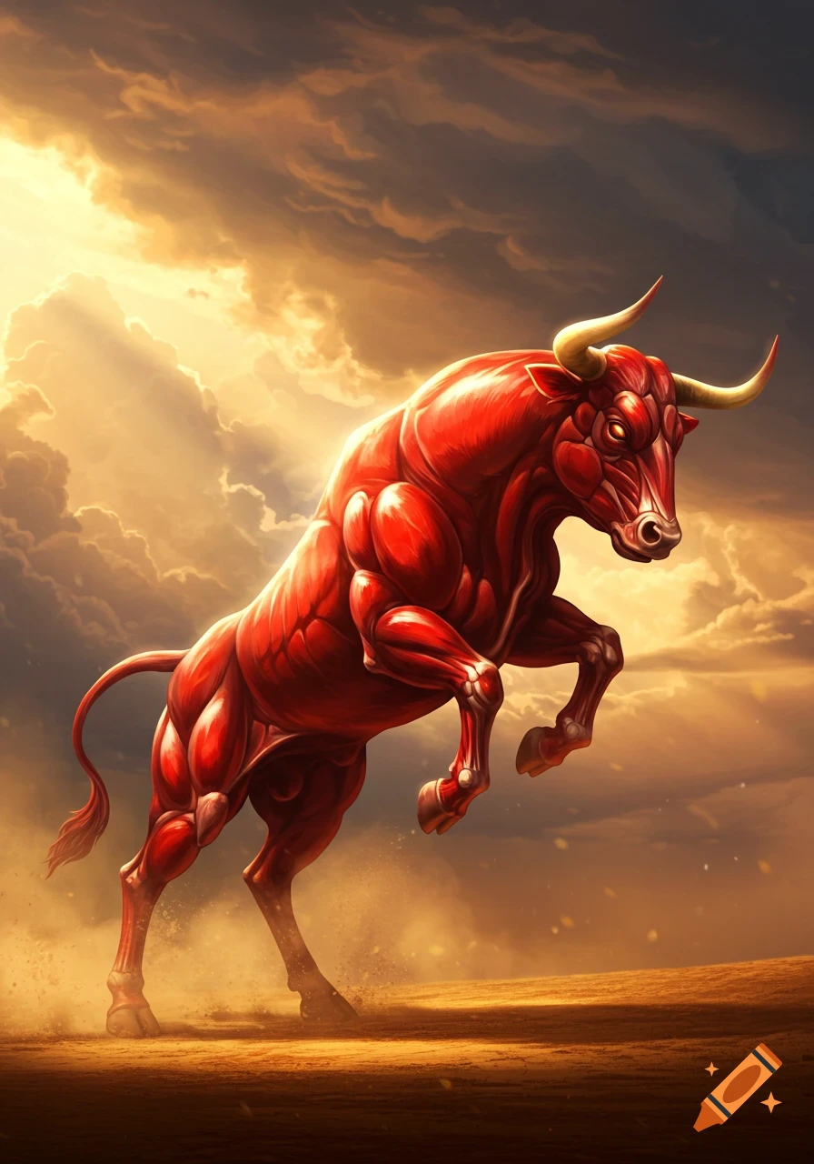 A powerful, muscular red bull rears up against a dramatic golden and cloudy sky, light rays shining down.