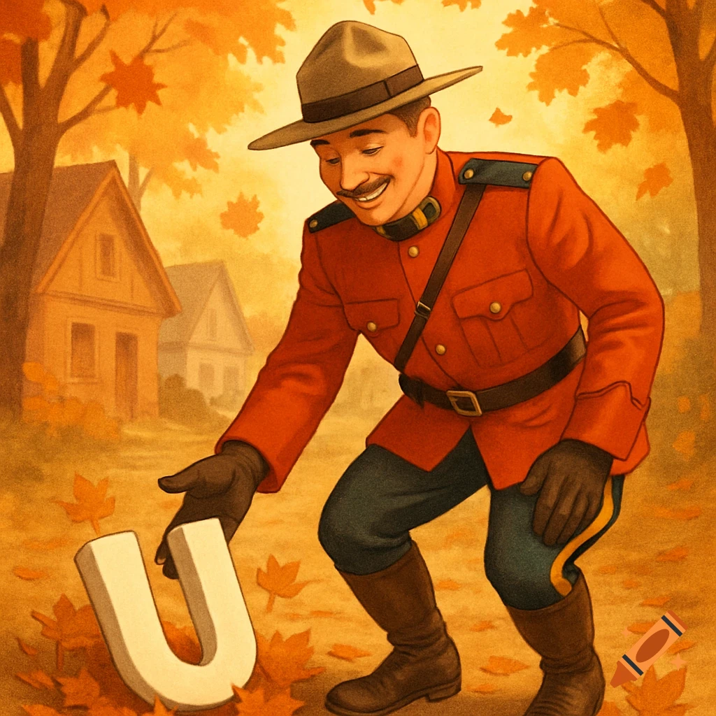 A cartoon Canadian Mountie in a red uniform bends down to pick up a large white letter U amidst fallen autumn leaves, with houses in the background.