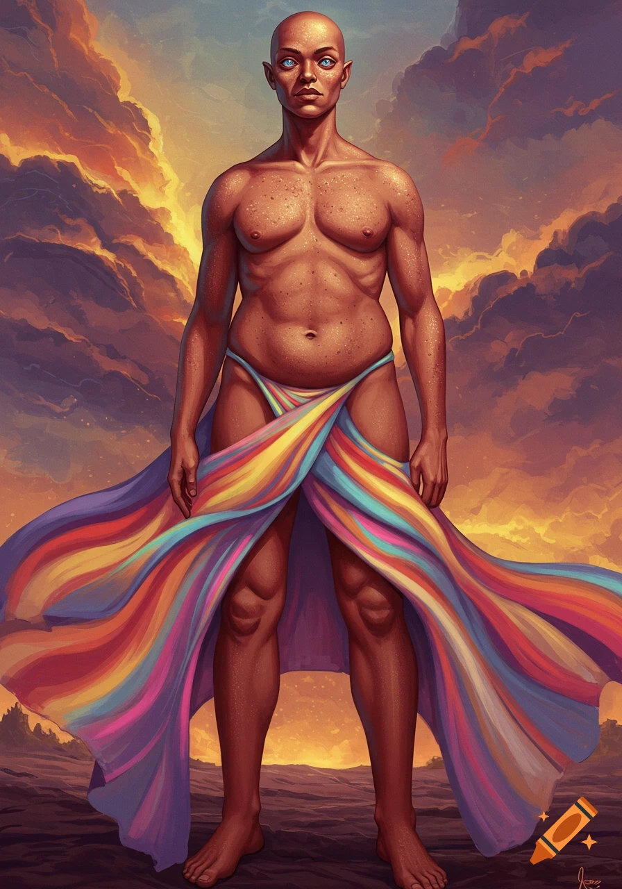 A bald, androgynous figure with blue eyes stands against a dramatic, cloudy sunset sky, draped in a vibrant rainbow-colored cloth.