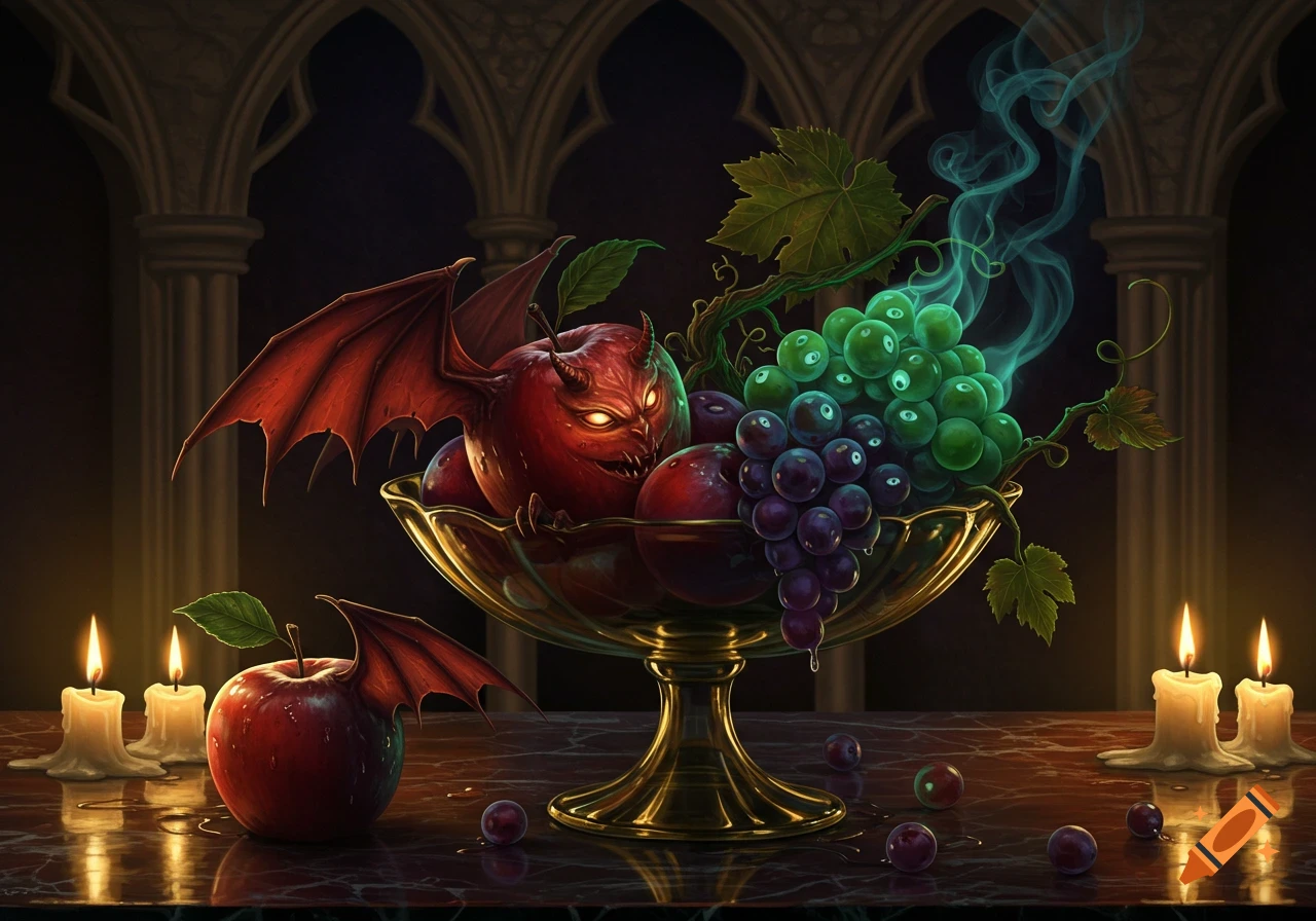 A dark fantasy still life with a red demonic apple with bat wings and glowing eyes in a golden bowl of fruit, flanked by lit candles.