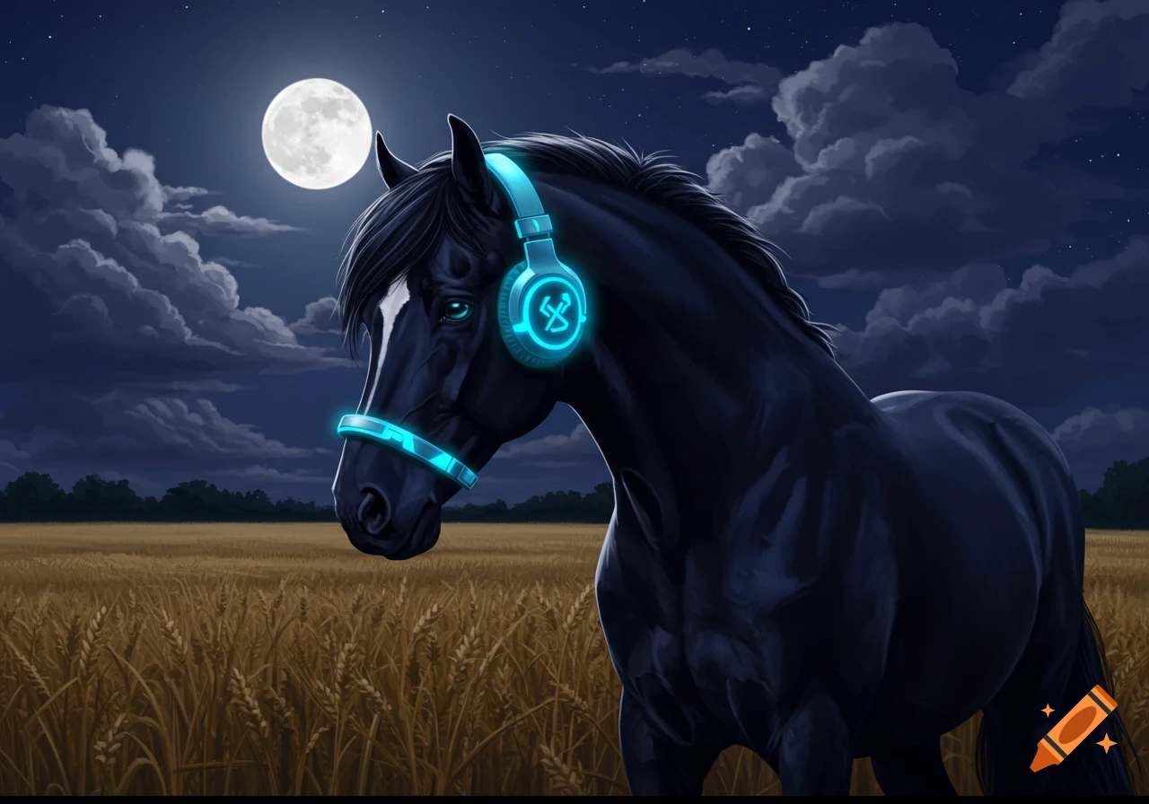 A black horse wearing glowing blue headphones and a matching halter stands in a golden field under a full moon and cloudy night sky.