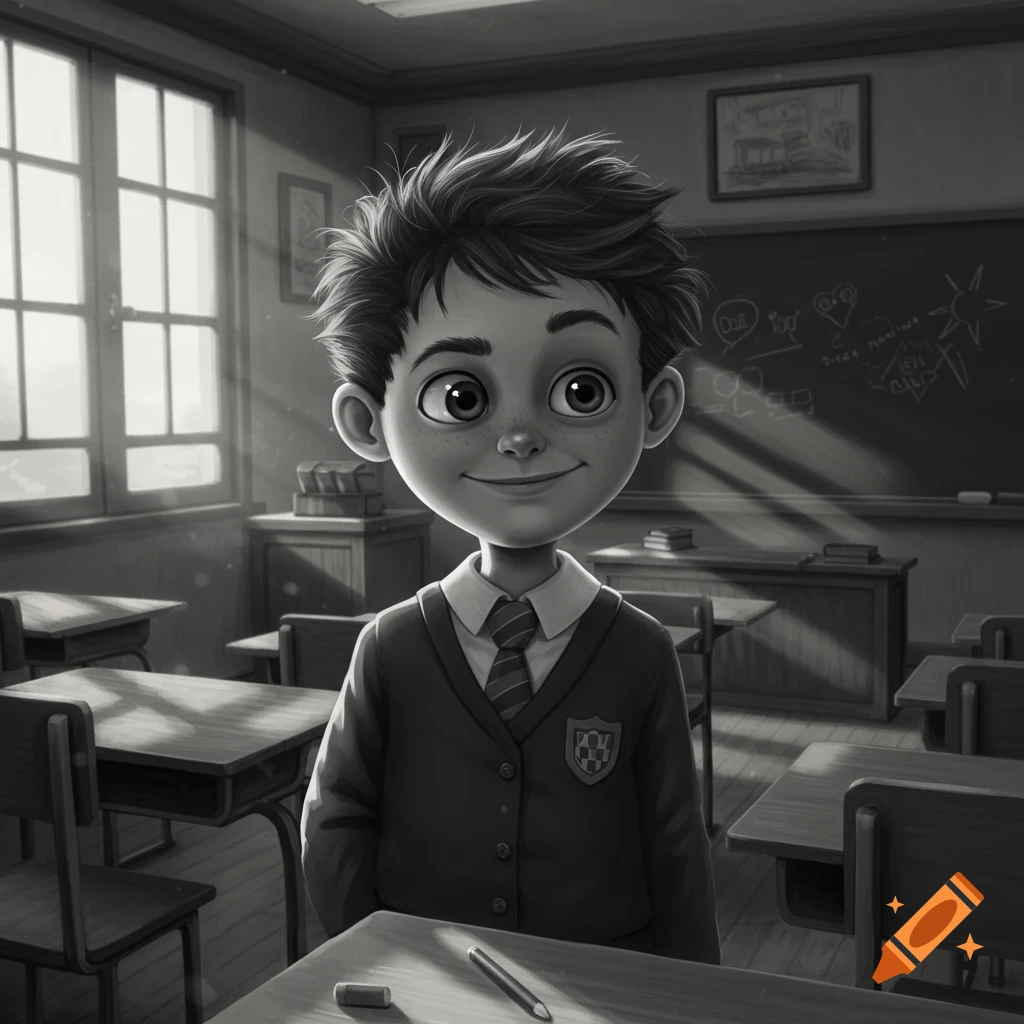 A smiling cartoon boy in a school uniform stands in a grayscale classroom.