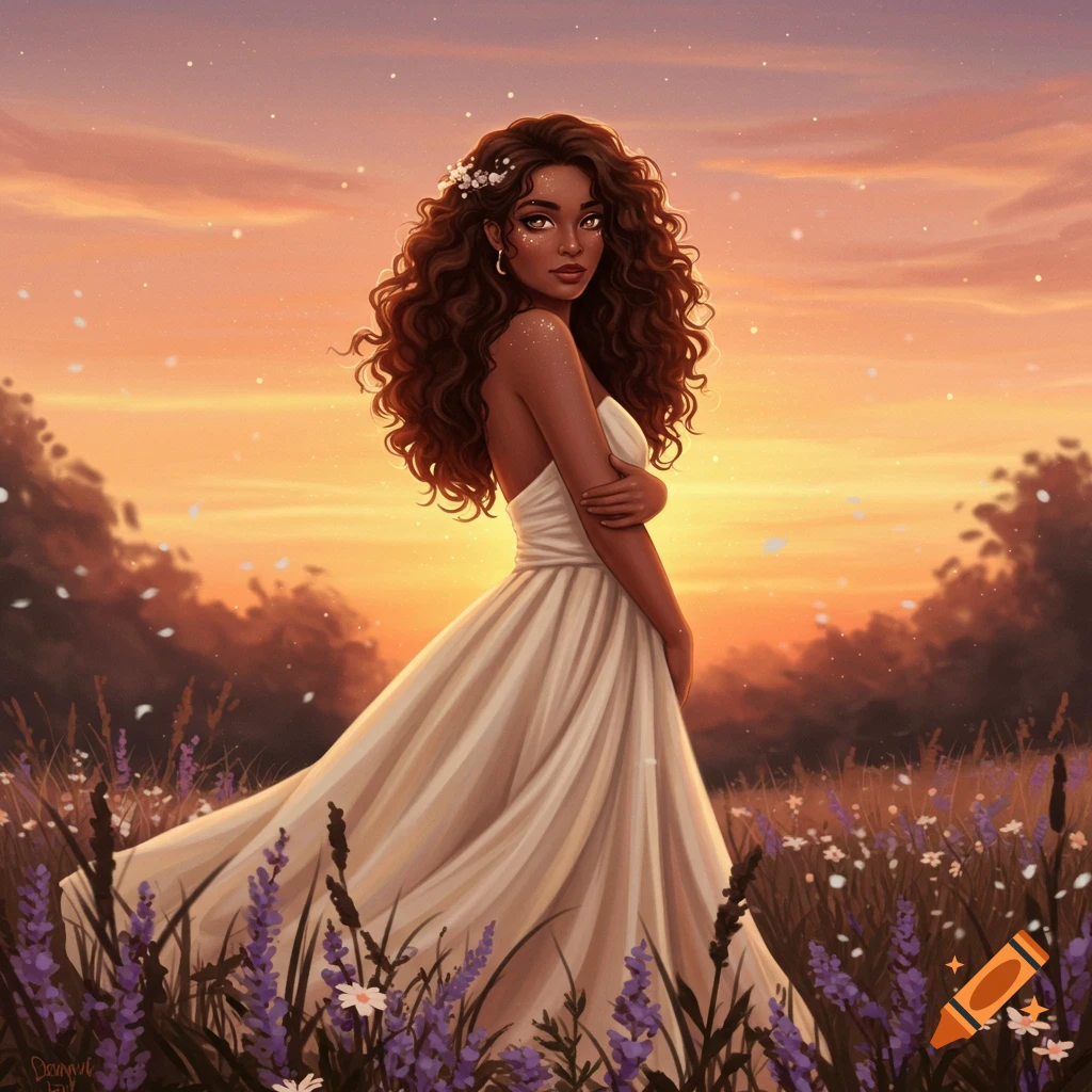 An illustrated woman with curly brown hair in a white dress stands in a field of purple flowers at sunset.
