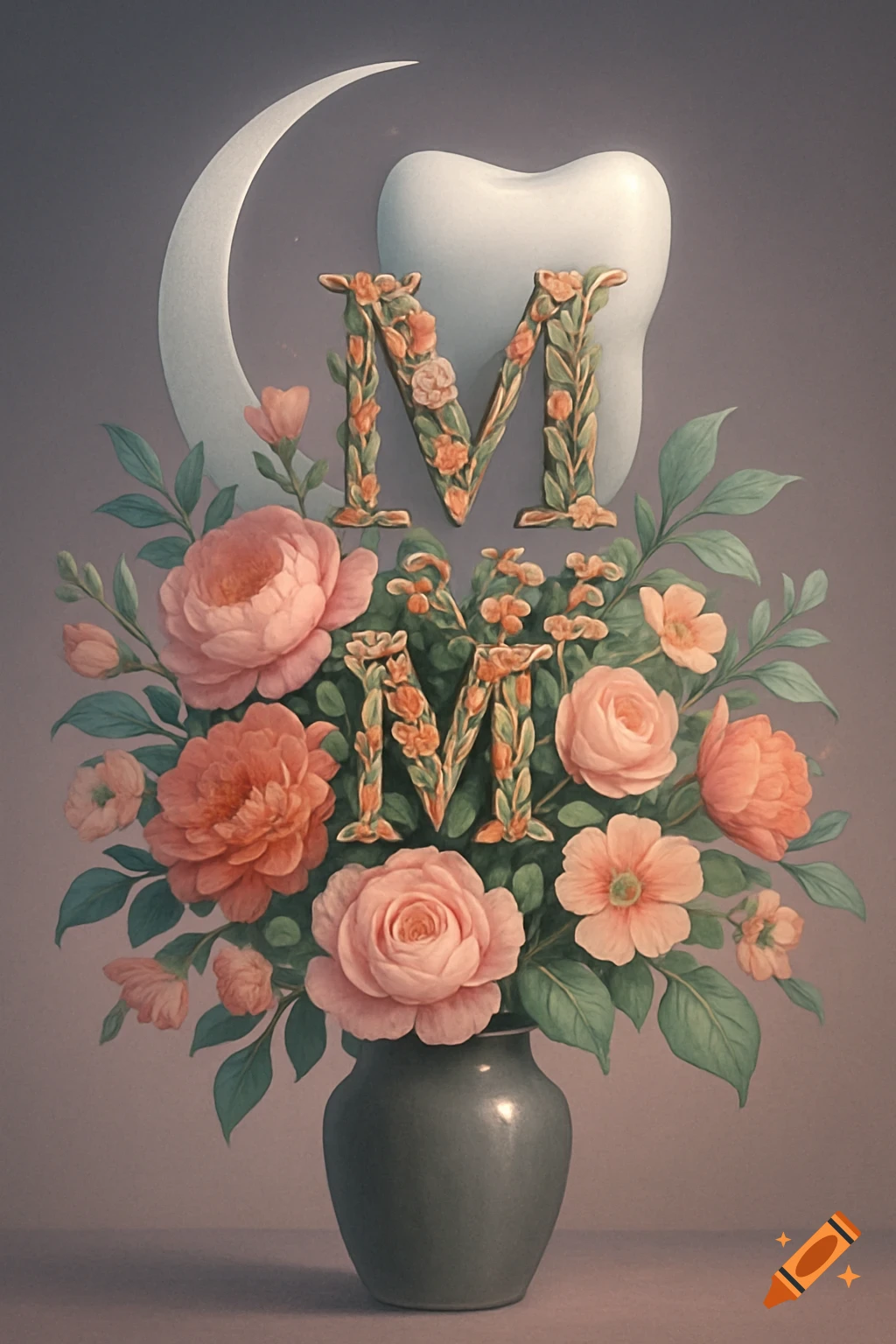 A stylized letter 'M' made of flowers and leaves, surrounded by pink and orange flowers in a vase, with a crescent moon and a white tooth in the background.