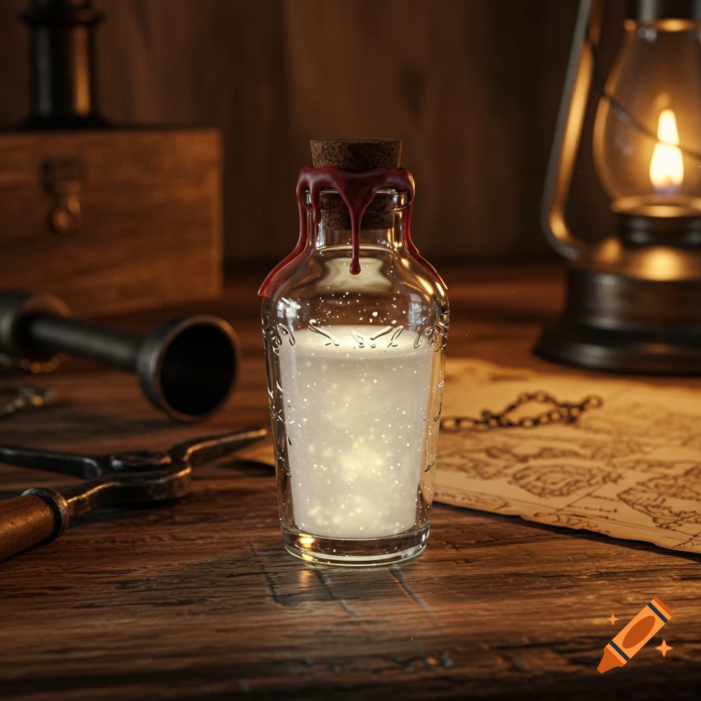 A glowing, milky white liquid in an antique glass vial with a wax stopper on a rustic wooden table with a lantern.