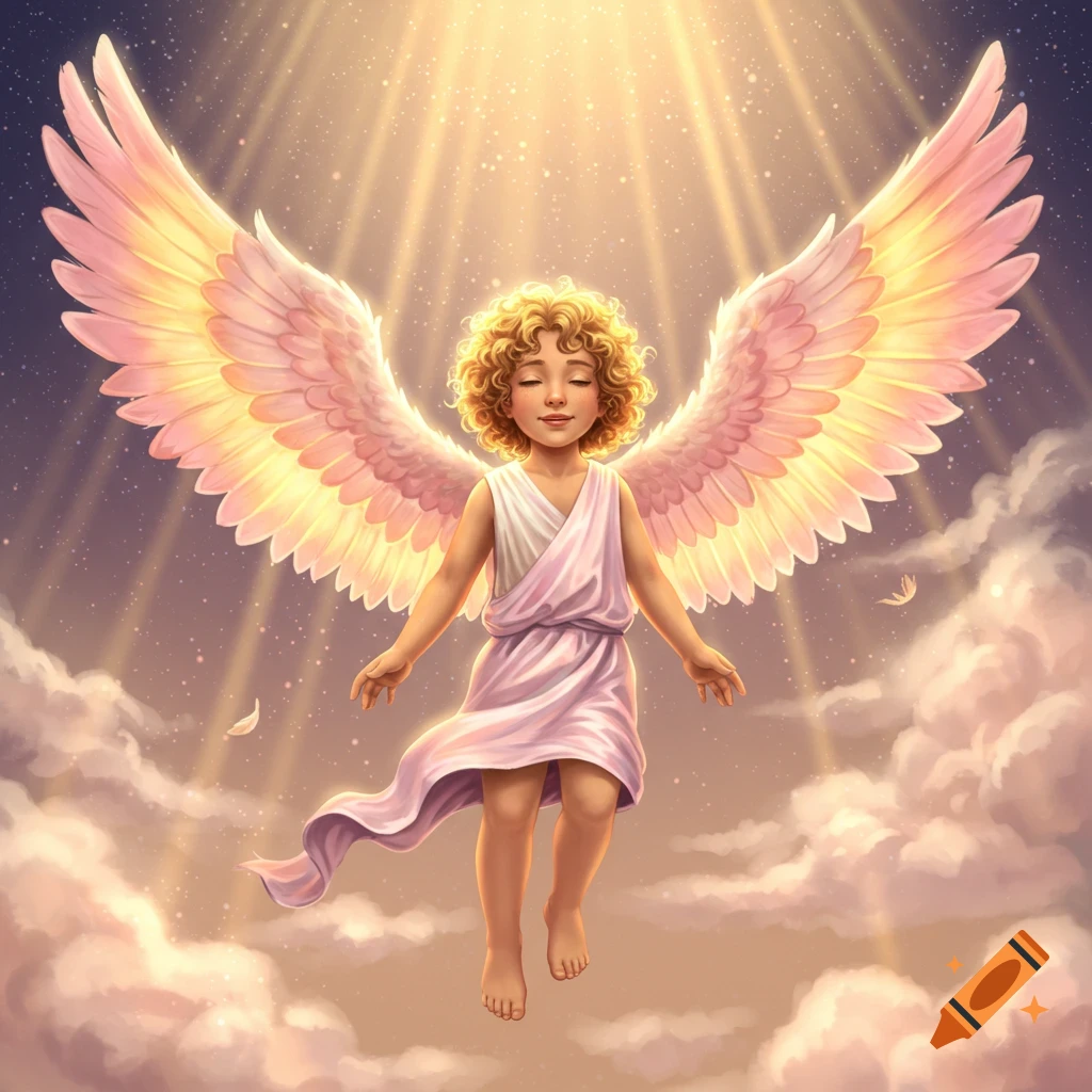 A cute, curly-haired cherubic angel with large, pink-gold wings floats peacefully among white clouds with golden light rays shining down.