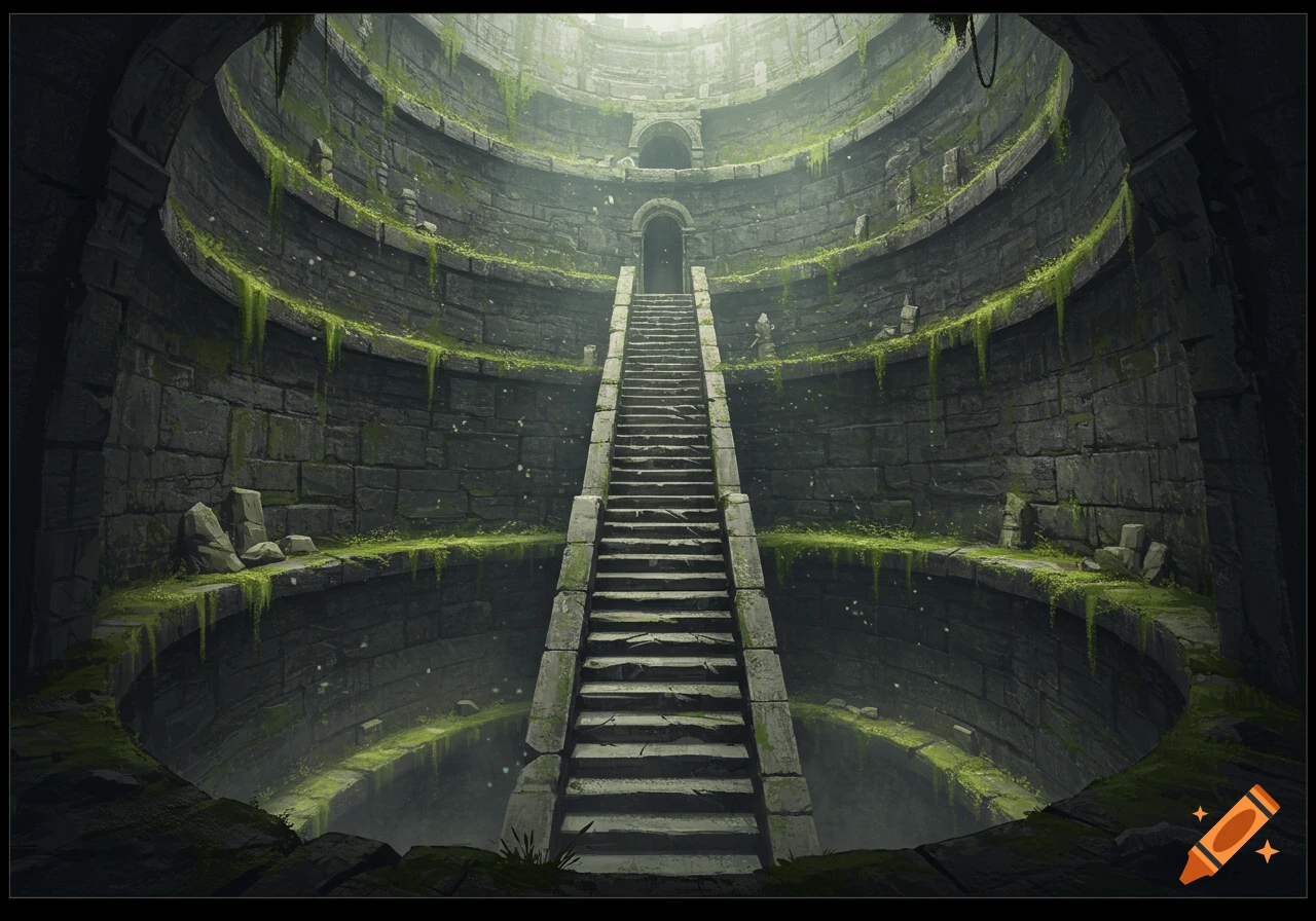 Ancient moss-covered stone stairs descend into a deep, circular pit with light shining from above, in a dark fantasy setting.