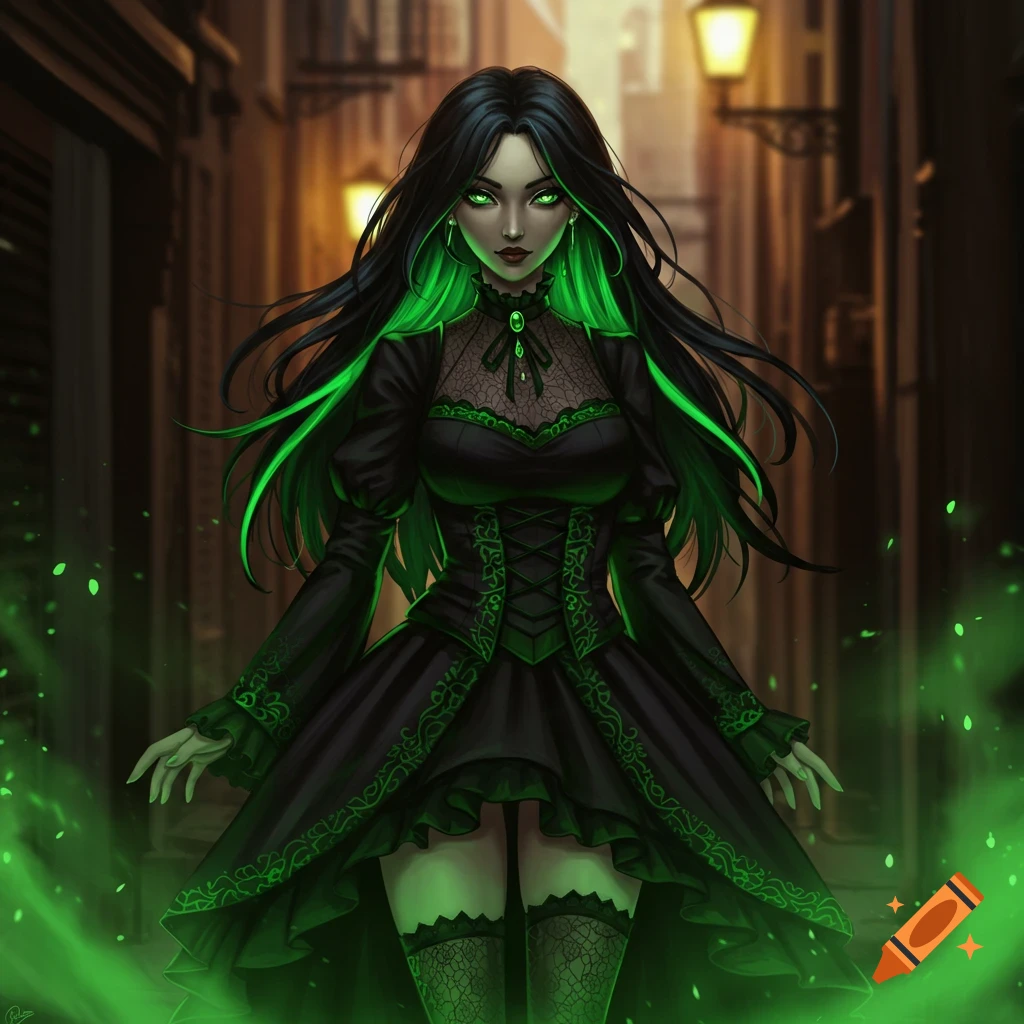 Anime woman with green-streaked hair, glowing eyes, and a black gothic dress, surrounded by green mist in an alley.