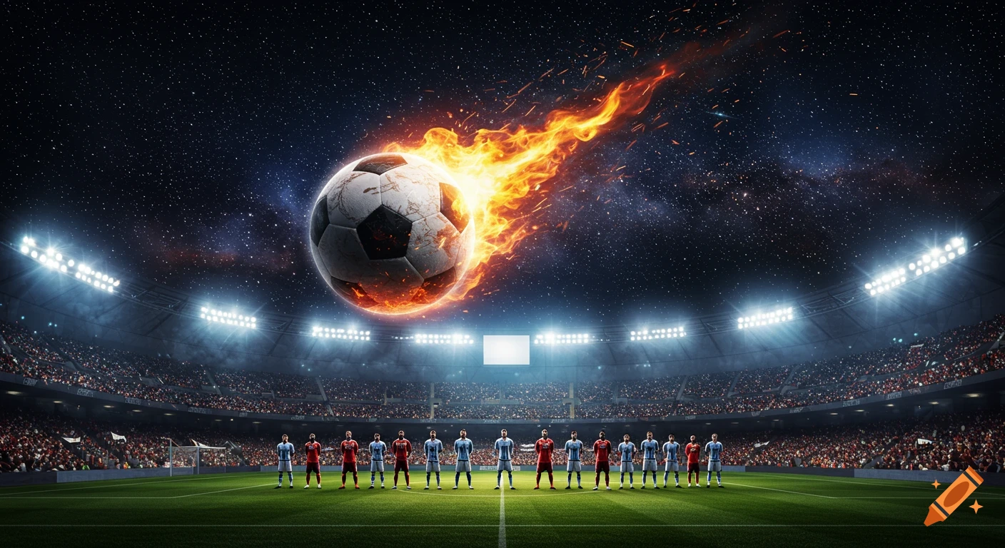 A fiery soccer ball streaks through a starry night sky above a packed, brightly lit stadium with 22 soccer players on the field.