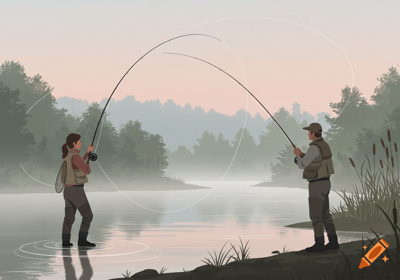 A man and a woman flyfishing back to back in a river with forested banks at dawn, in a vector art style.