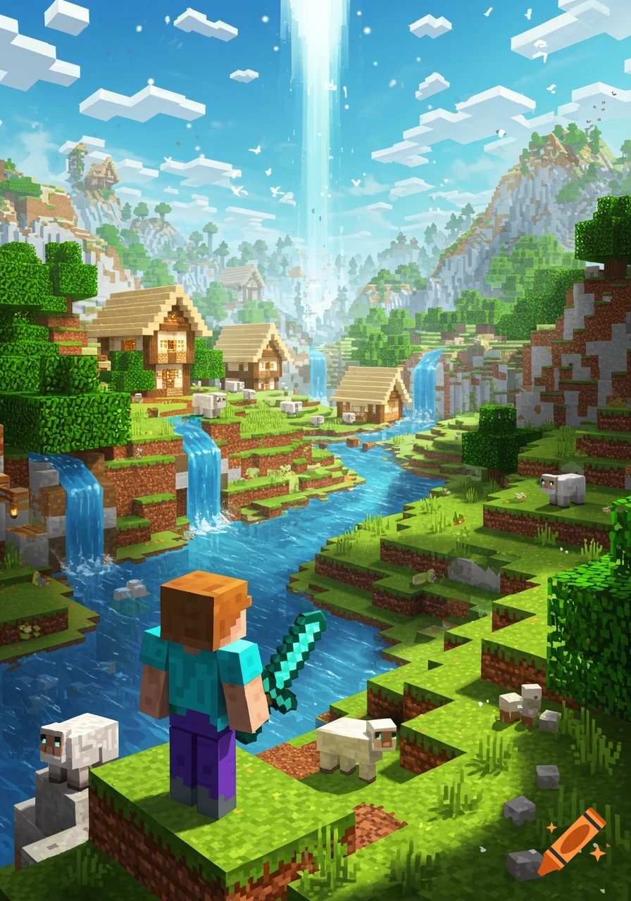 A Minecraft character stands in a vibrant, blocky landscape with a village, river, waterfalls, and sheep under a bright sky.